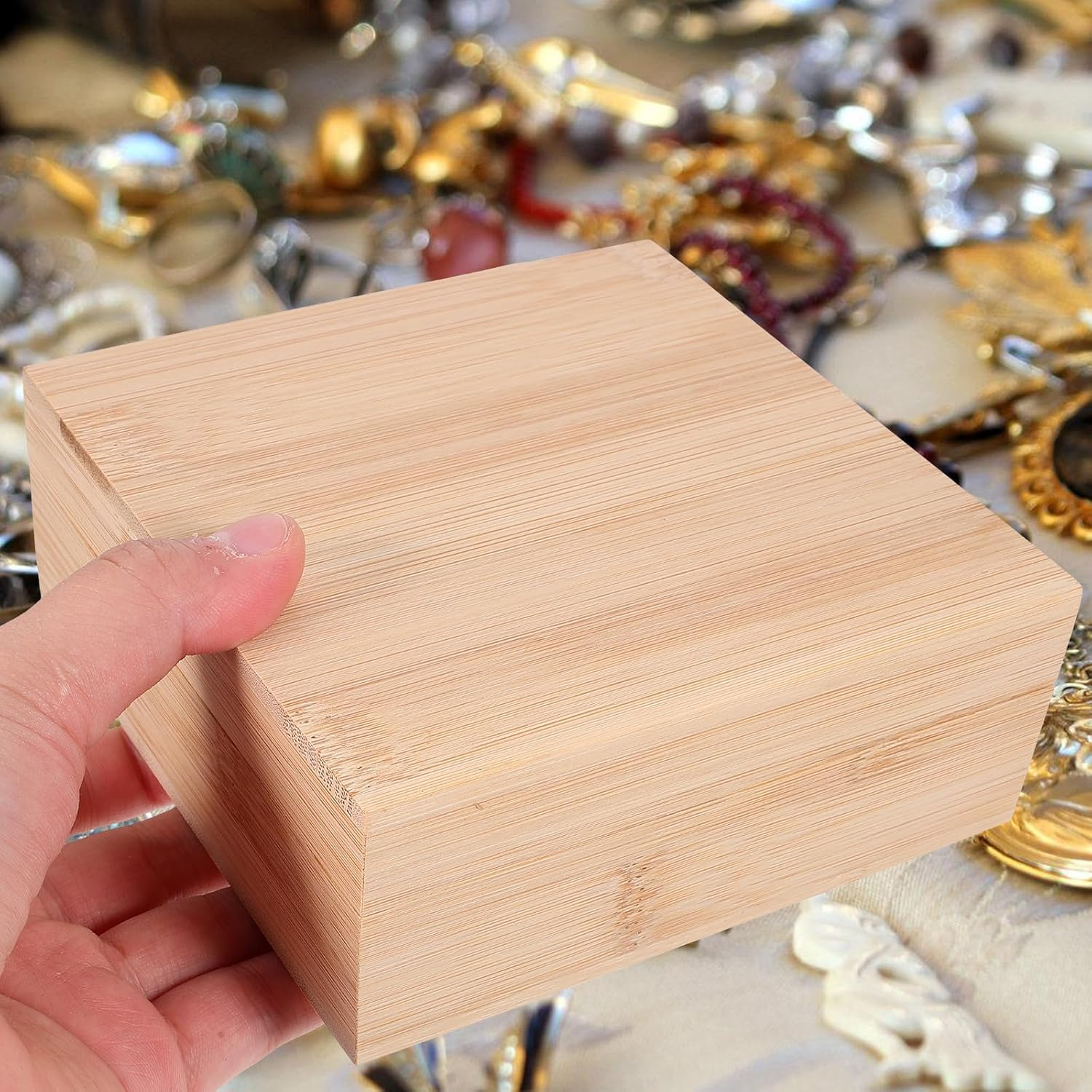 Alipis Square Bamboo Wooden Desktop Storage Box with Lid, Sundries Organizer Case for Home Office, Natural Wood Storage Container for Small Items image number 2