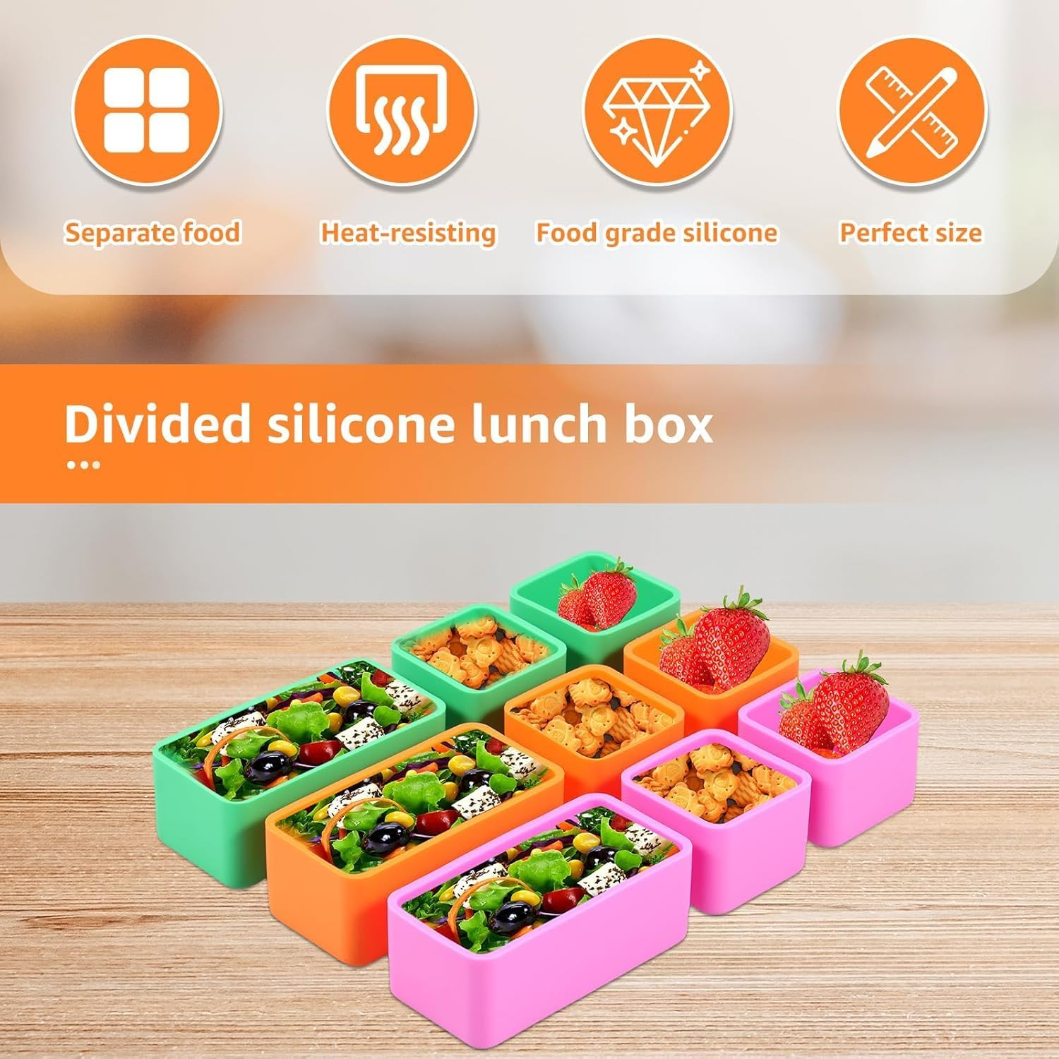 9Pcs Silicone Bento Box Dividers Square 2''X2''X1.5'' Rectangle 4''X2''X1.5'' Bento Baking Cups Temperature Resistant Lunch Box Food Divider Insert for Kids Office School image number 1