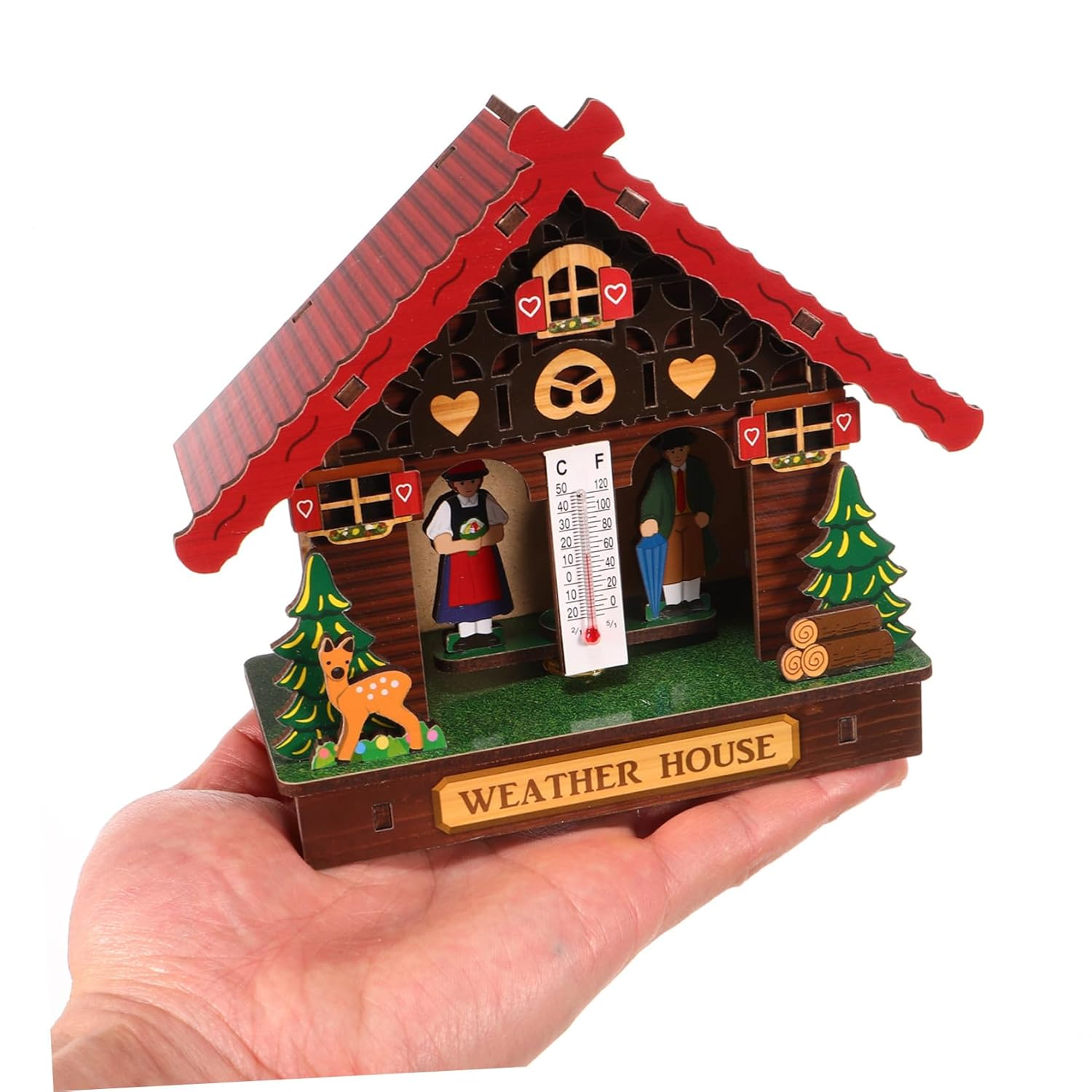 Wall Mounted Weather Station with Barometer Thermometer Hygrometer Indoor Outdoor Temperature Monitor Simple Battery Operation Wooden House Design for Home and Patio image number 1