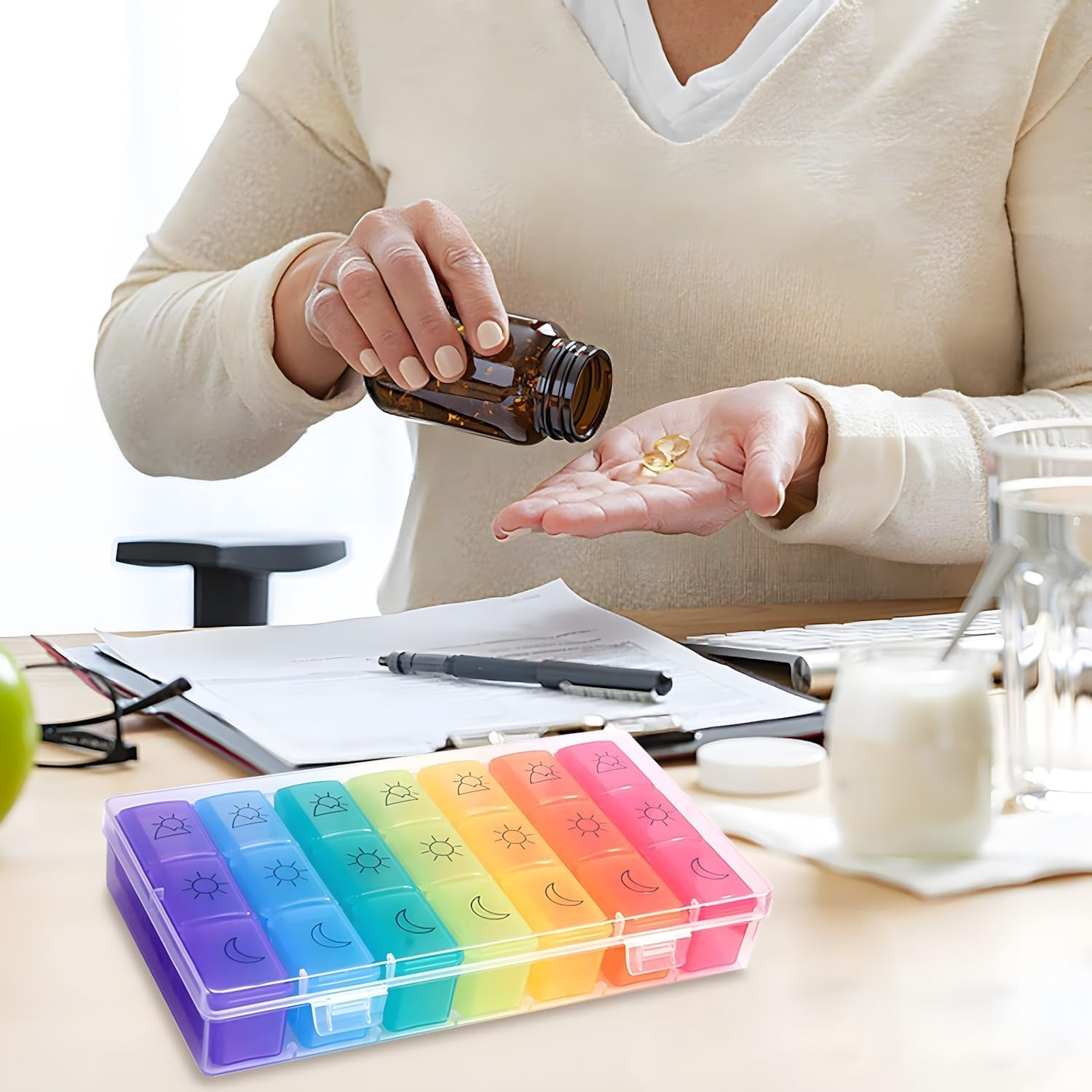 Sundonix 7-Day & 3-Times Pill Organiser - 3 Compartment Medicine Dispenser - Portable, Spill Proof, Bpa-Free image number 5