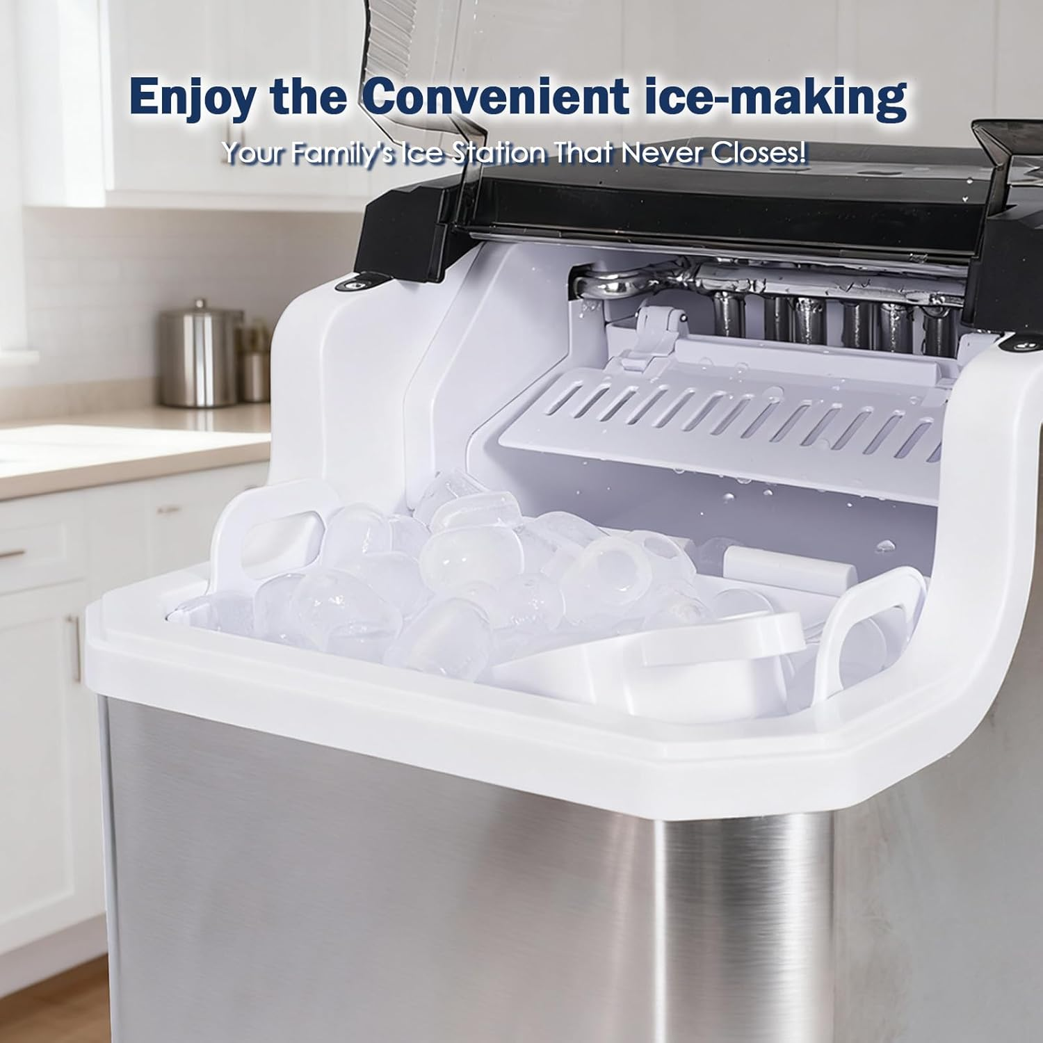 Portable Countertop Ice Maker, 9 Bullet Ice in 6&ndash;10 Mins, 12&ndash;15Kg/24H, 1.5L Water Tank, Auto-Clean Stainless Steel Icemaker with Basket & Scoop for Home, Office, Bar (Stainless Steel, 1.5L) image number 4