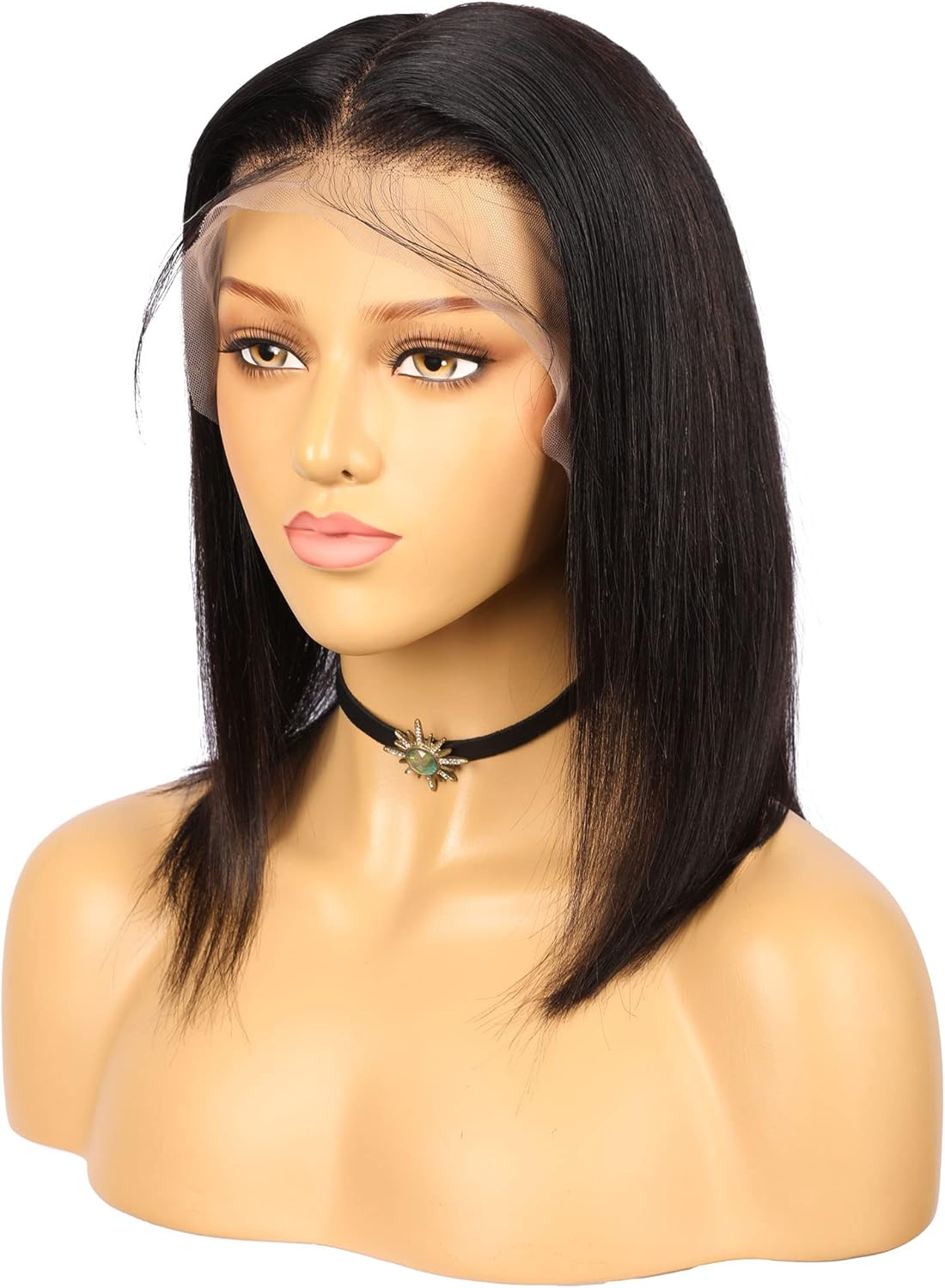 Black Human Hair Lace Front 13-4 Women Gule-Less Wig,12 Inch Bob Straight Hair Style 150% Density Wig