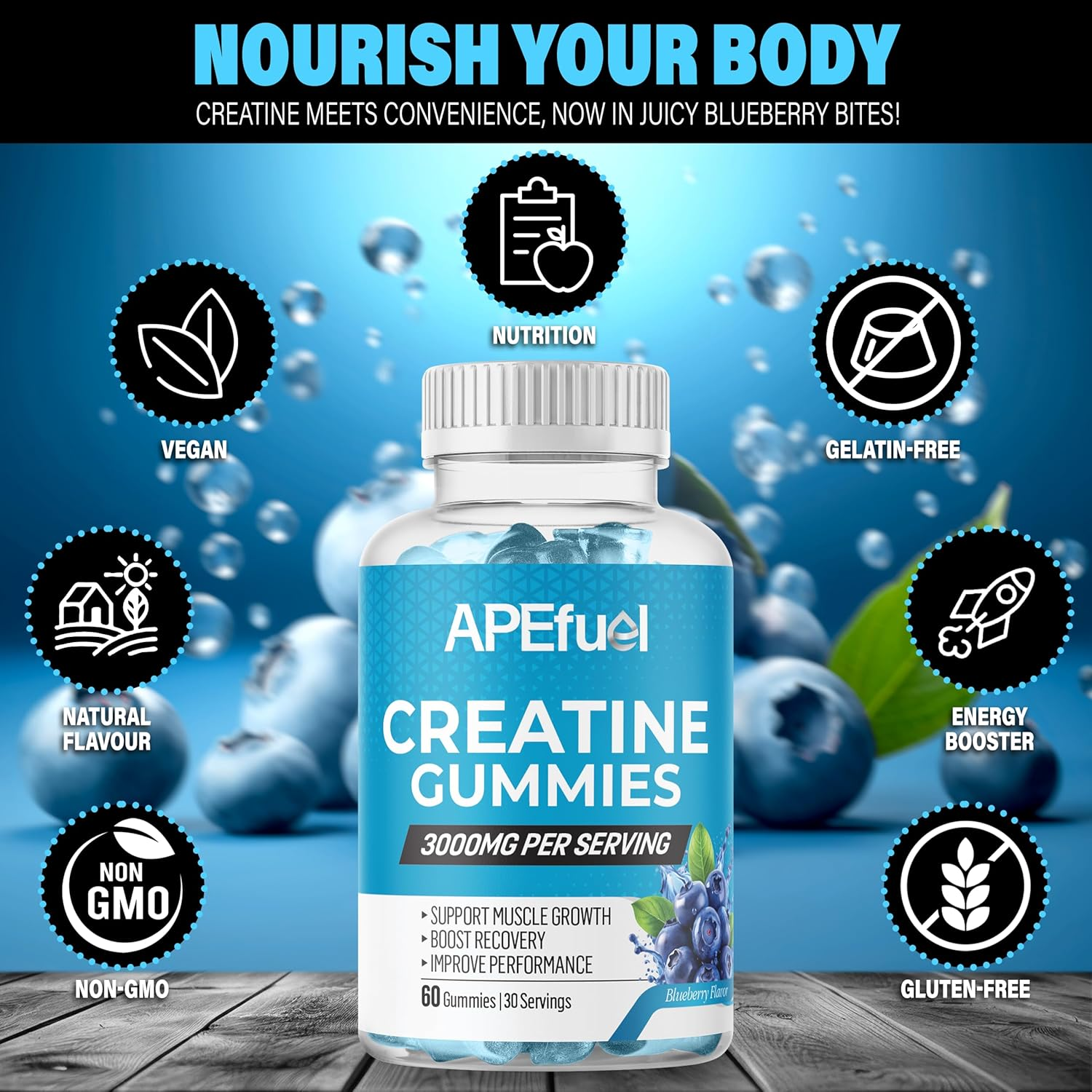 Apefuel Creatine Gummies for Men & Women - Sugar-Free Blueberry Flavored Pre-Workout Gummies for Muscle Growth, Strength & Cognitive Support - 3000Mg Creatine Dietary Supplement (30-Days Supply) image number 5