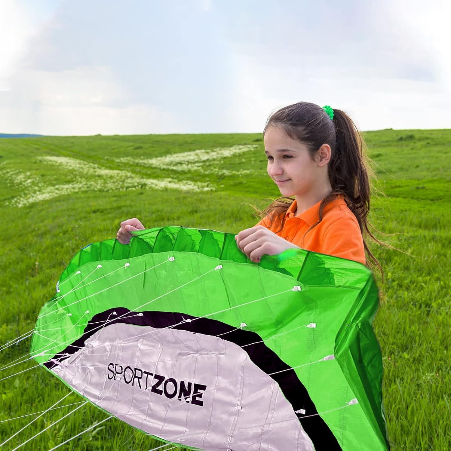 Touch the Sky 100 Inch Double Cord Stunt Parachute Kite with Wrist Bands. Unique Structure Design, Excellent Outdoor Toy, Suitable for Advanced & Enthusiasts. (Green) image number 1