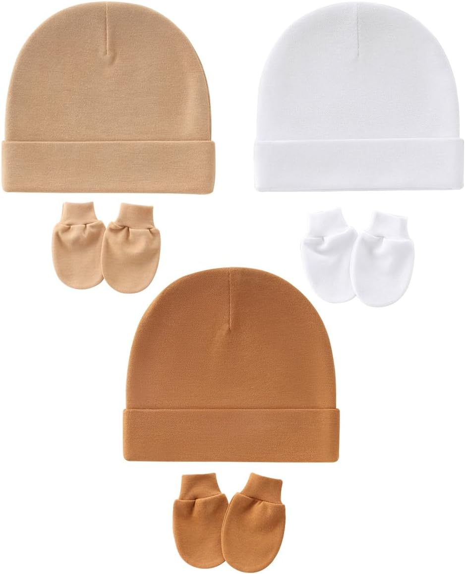 Cotton Newborn Hospital Hat Baby Hat and anti Scratch Mittens Set for 0-3 Months Newborn Baby Boys Girls Essentials Bonnet Infant Beanie Caps and Gloves 6Pcs