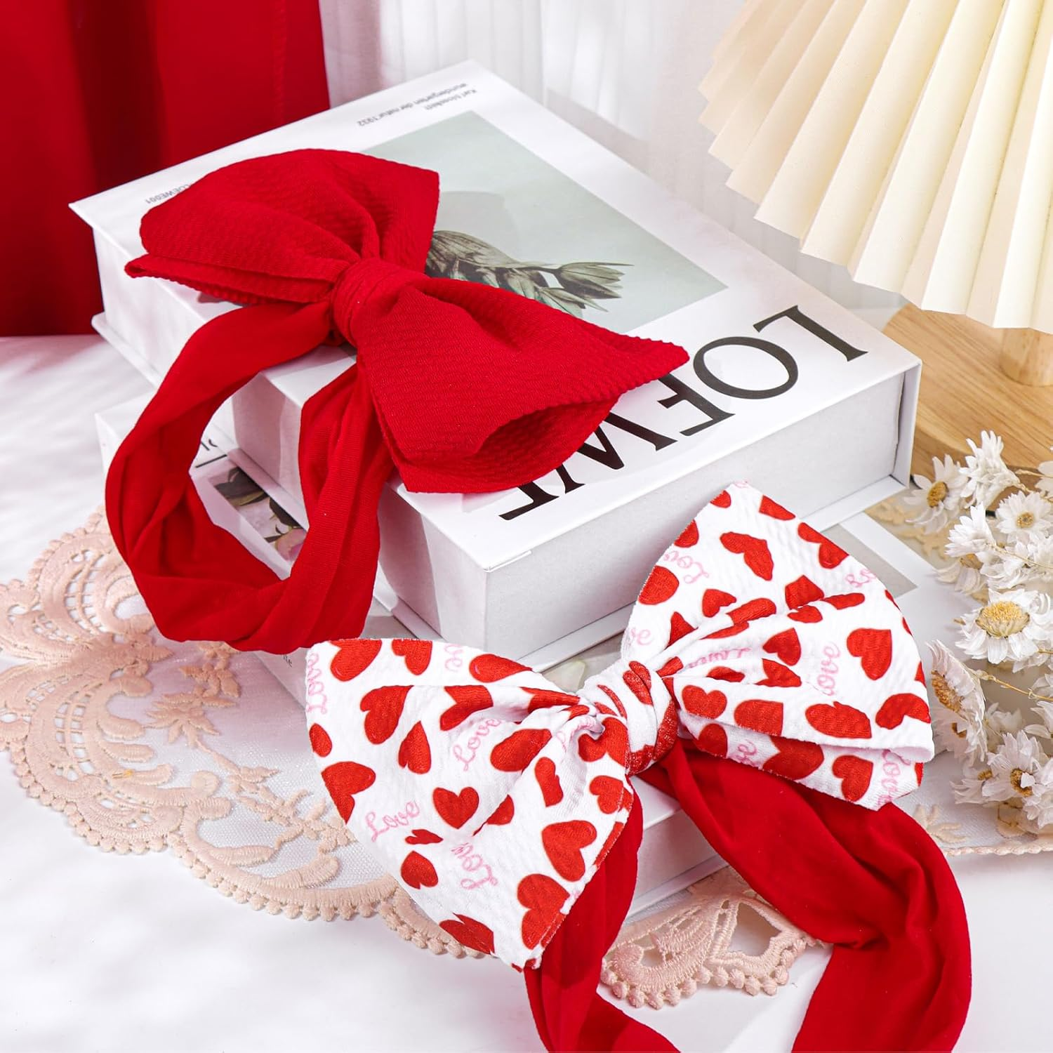 6'' Large Baby Bow Headbands for Girls Waffle Tied Bow Hairbands Handmade Ctue Red Love Heart Head Wraps Hair Accessories for Girls Infant Toddlers Kids 2Pcs - 0-Id-Red,Gradient image number 4