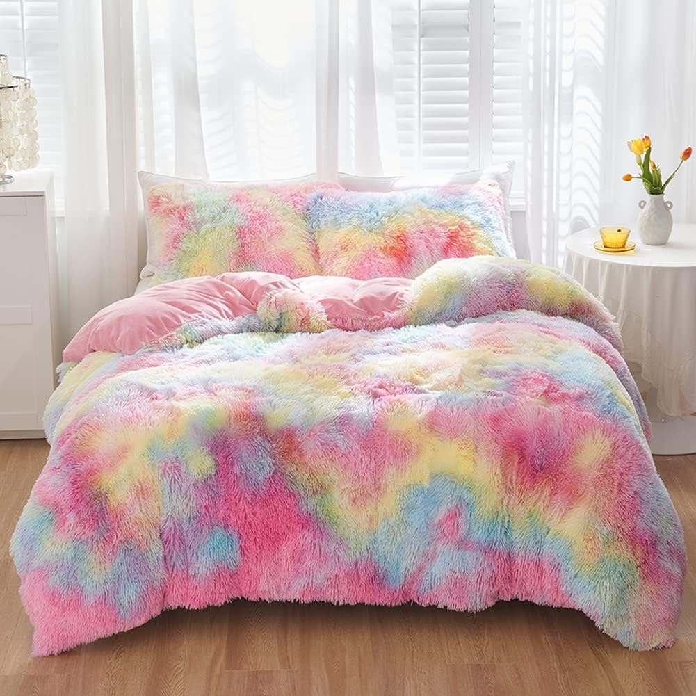 SUCSES Plush Shaggy Bedding Duvet Cover Set for Teens Girls, 3Pcs Faux Fur Fluffy Velvet Comforter Cover Set, Blue Purple Tie Dye Furry Bed Sets for Kids Teens (Blue Purple, Full)