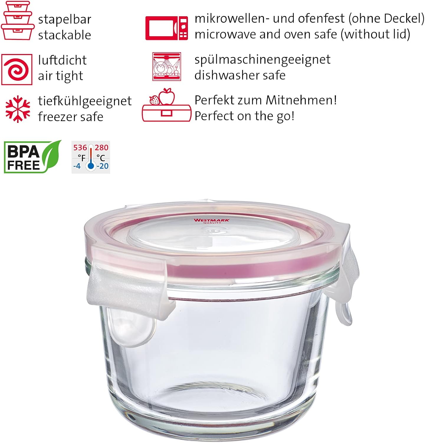Westmark Set of 2 Glass Food Storage Containers with Clip Lid, Round, Capacity: 150 Ml, Freezer, Microwave and Oven Safe, Glass/Silicone/Plastic, Transparent/Red, 233122E3 image number 2