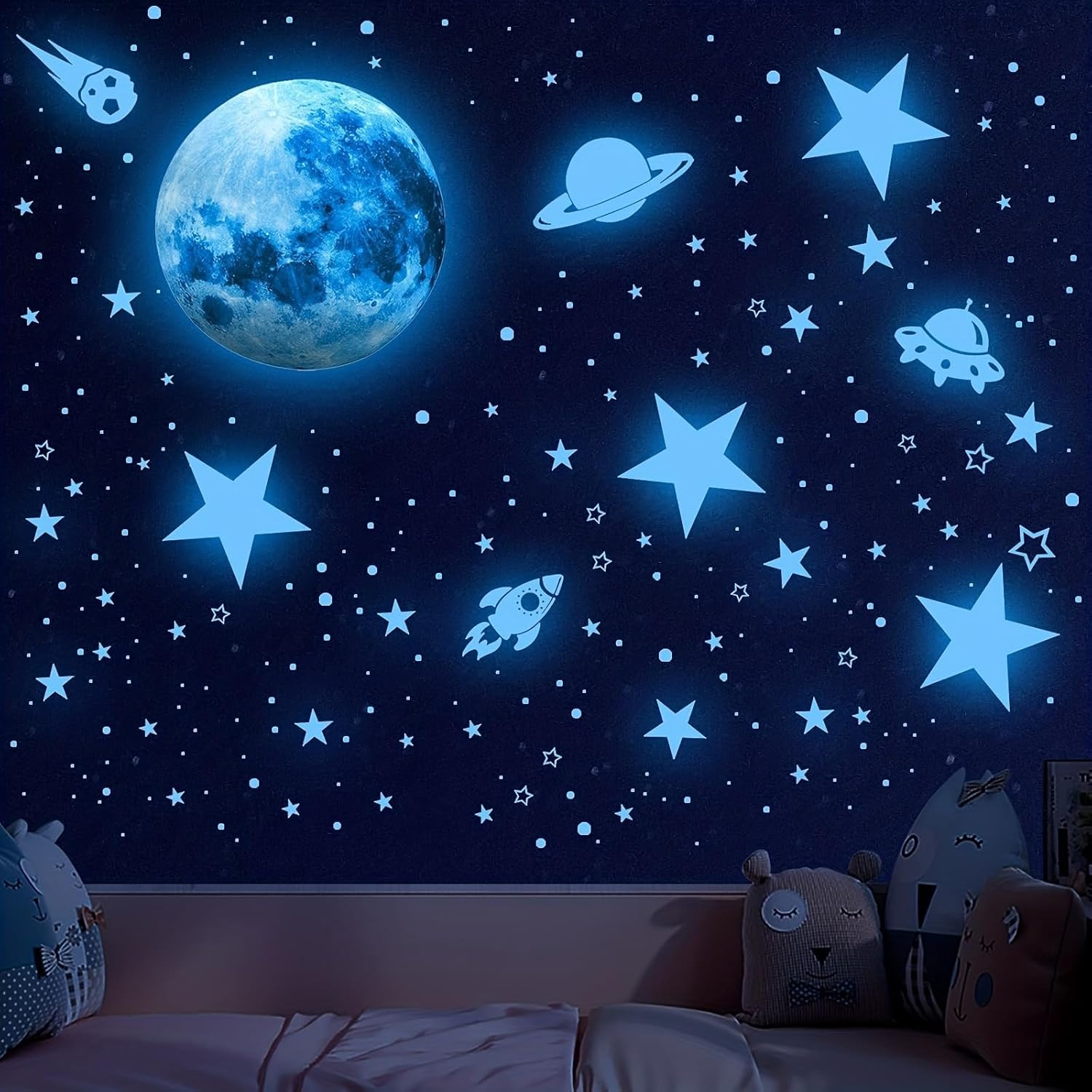 603Pcs Glow in the Dark Stars Wall Stickers, Glow in the Dark Stars Ceiling, Moon Wall Decals Planets Solar System Wall Stickers for Kids Boys Wall Sticker for Nursery Bedroom Living Room (Blue) image number 1