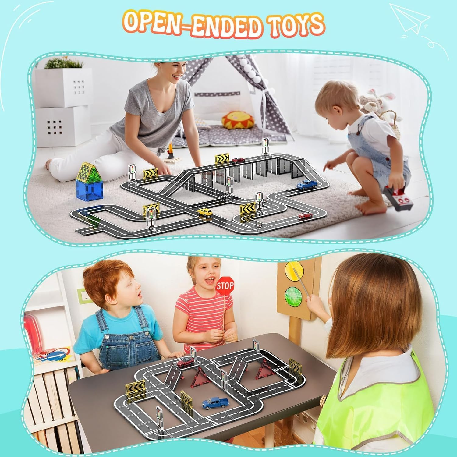Magnetic Tiles Road Set 41 PCS, Magnetic Building Blocks with Car for Toddler Kids Toys, Montessori Educational Toys 3+ Year Old Boys & Girls Gifts image number 4
