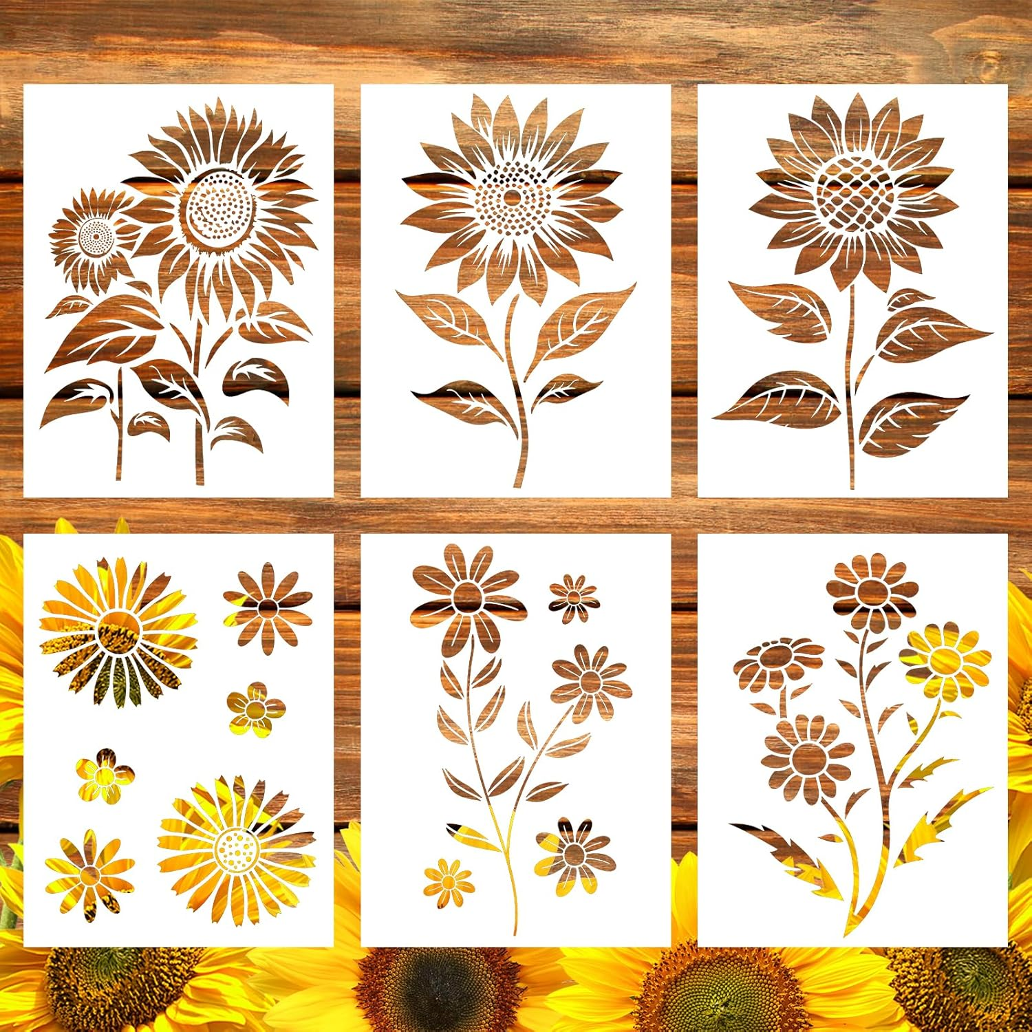 6Pcs Daisy and Sunflower Stencils, 16X11.73 Inch Large Flower Stencil for Painting Reusable Floral Plant Drawing Templates for Crafts Canvas Fence Wall Art Decor image number 6