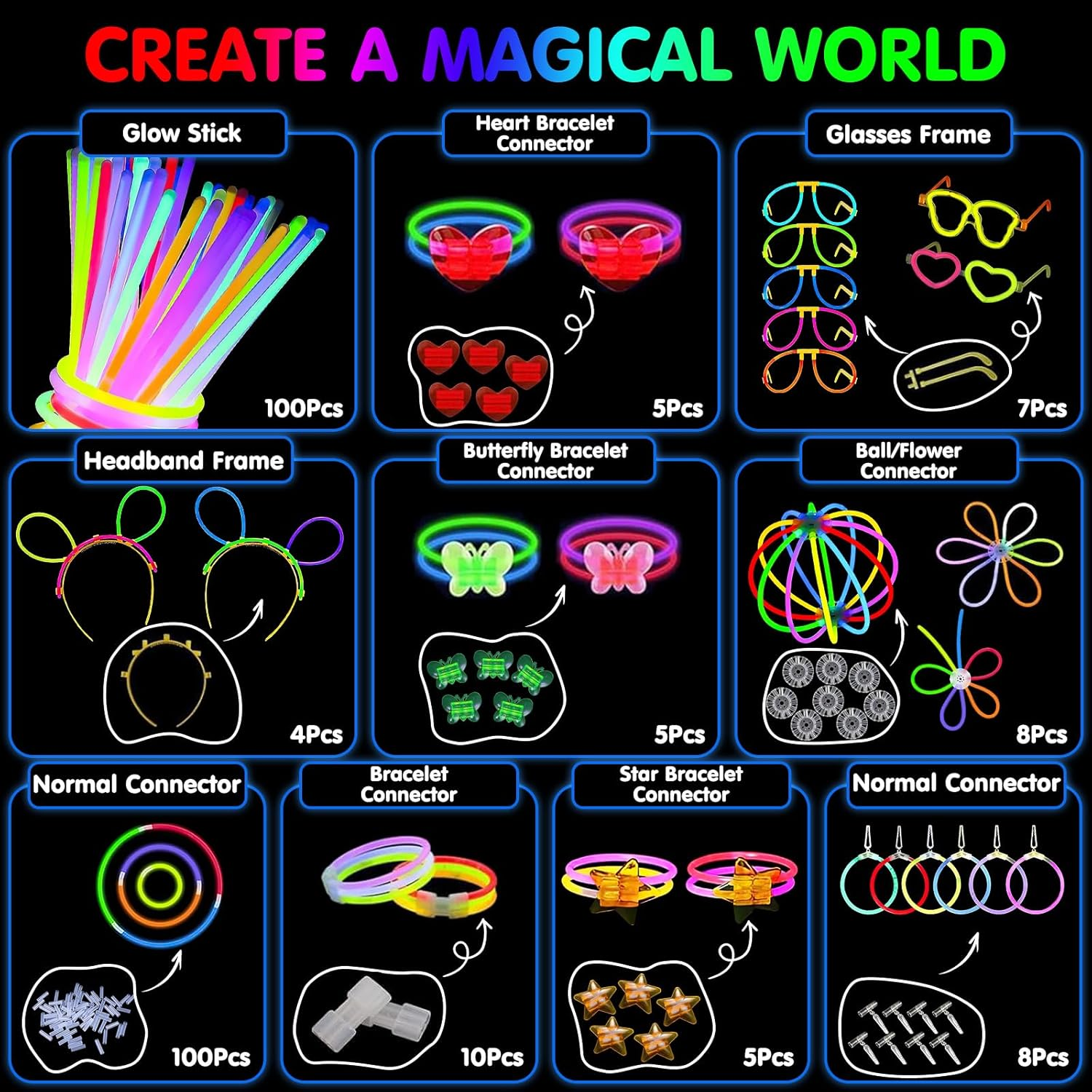 252Pcs Glow Sticks Bulk Party Favors-Safe Glowsticks with 152 Connectors for DIY Bracelets, Necklaces, Glasses, Perfect for Night Events, Easter, Christmas, Halloween, Football Party Supplies image number 4