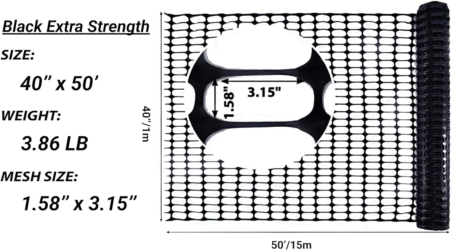 Potatolife Plastic Mesh Fence, Extra Strength 40''X50' Roll with 50 Zip Ties, Resuable Temporary Netting for Garden Fencing, Snow Fencing, Animal Barrier, Poultry, Deer, Dog, Construction, Black image number 3