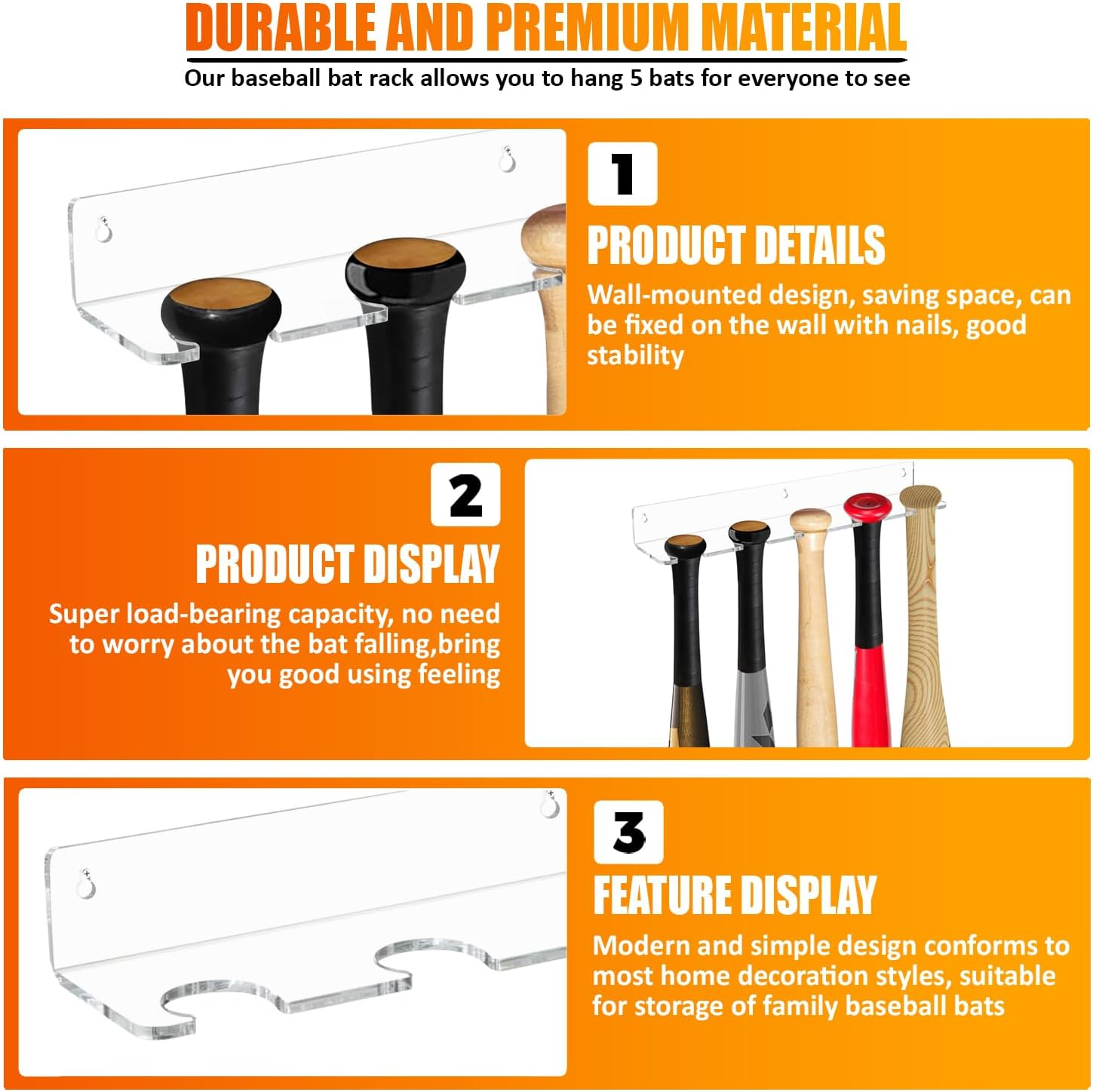 Baseball Bat Display Hanger for 5 Bats or Balls - Vertical Bat and Baseball Holder Wall Mount - Better than Display Case | Sturdy Acrylic Hanging Rack Organizer | Easy to Instal (Hardware Included)