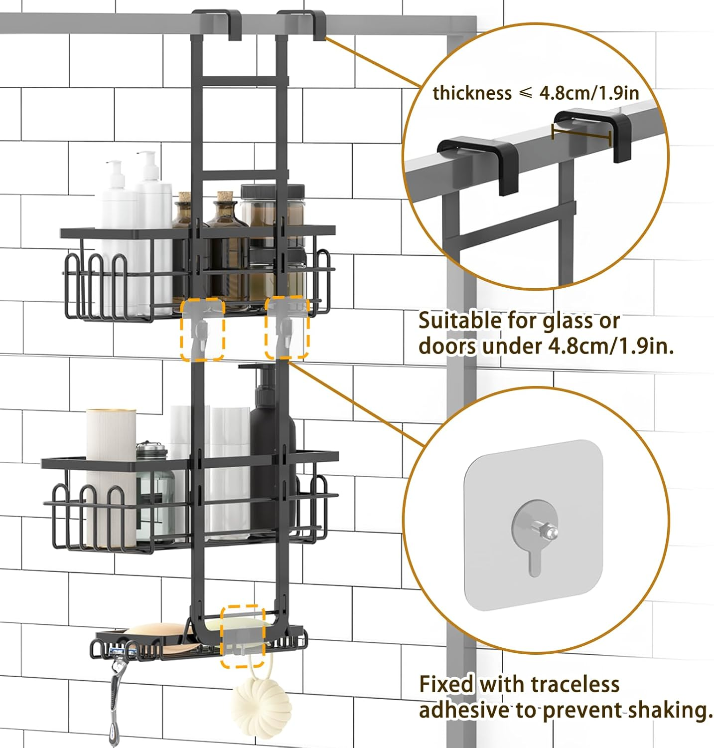 Gabeeriso over the Door Shower Caddy Hanging, Rustproof Bathroom Caddy Shower Shelf with 16 Hooks,Bathroom Organizer Space-Saving Storage for Shampoo, Soap & Towels(Black 3-Tier Over-The-Door)