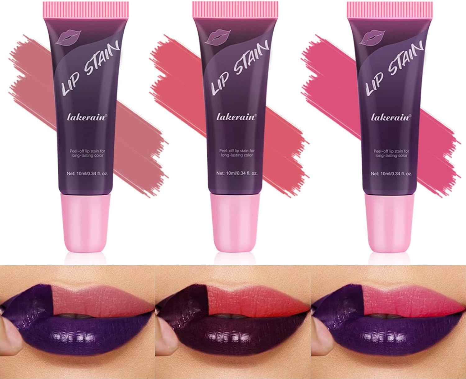 Dynaeuty 3 Colors Lip Stain, Peel off Lip Stain Lip Tint Set, Waterproof Long Lasting Non Stick Cup Non Fade Liquid Lipstick Set, Magic Color Lip Oil Set for Women Girls (A)