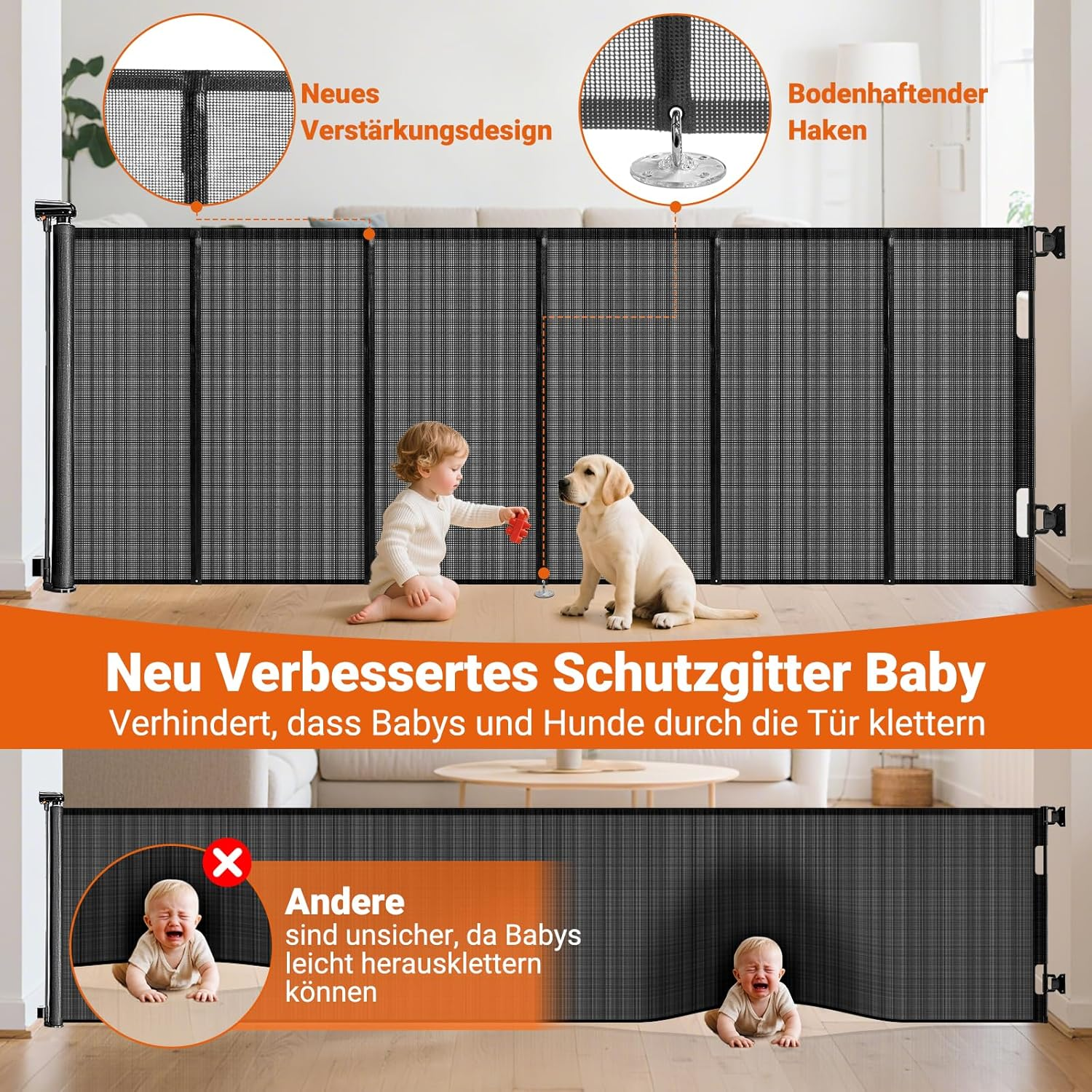 Ycozy 300Cm Retractable Baby Gate for Pet Child with Reinforced Bar Design to Prevent Crawling through 86Cm Tall Mesh Dog Safety Gate for Stairs Doorways Indoor image number 1