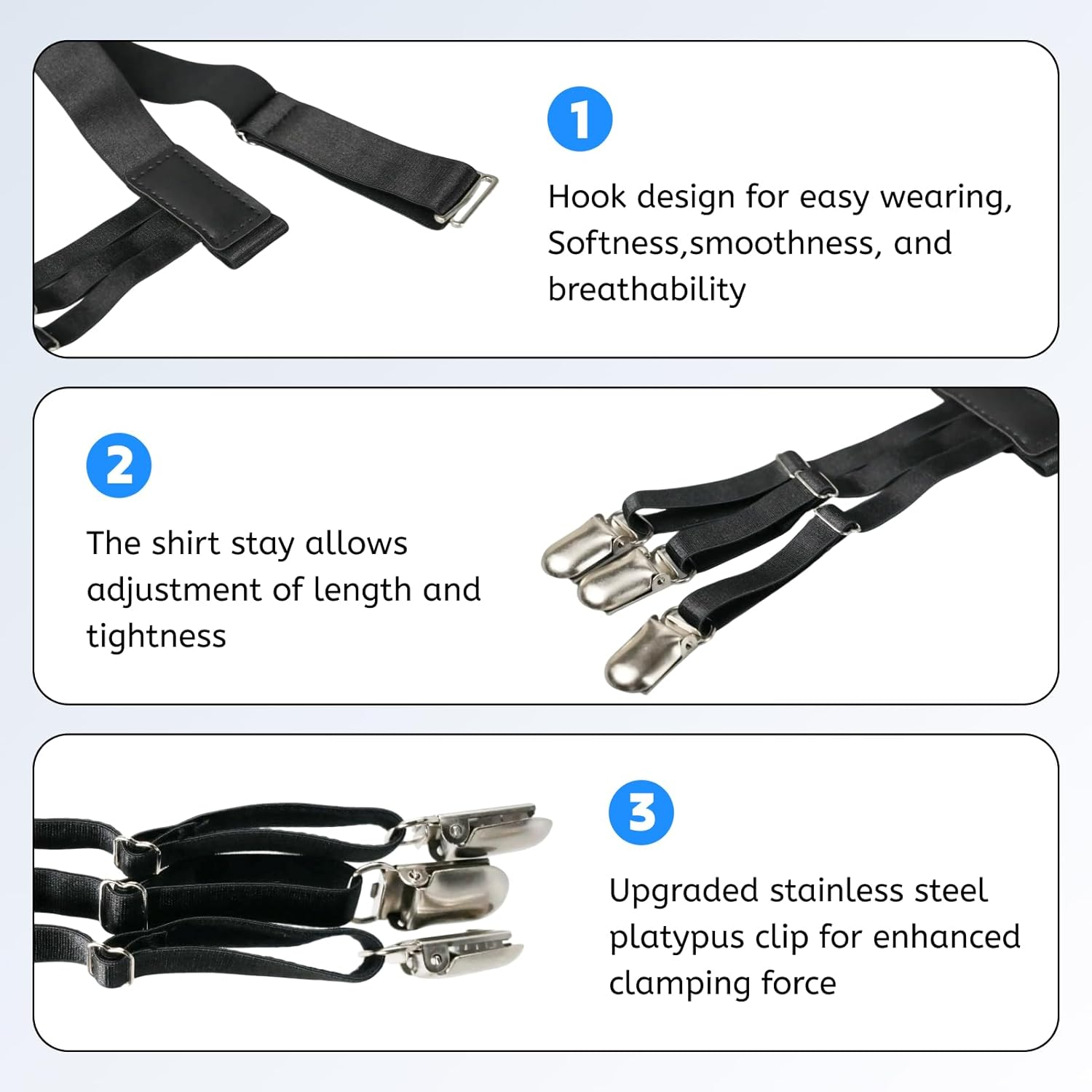 Fortuneglobe 2-Pack Adjustable Shirt Garters &ndash; Elastic Military Shirt Holders with Non-Slip Steel Clamps image number 1