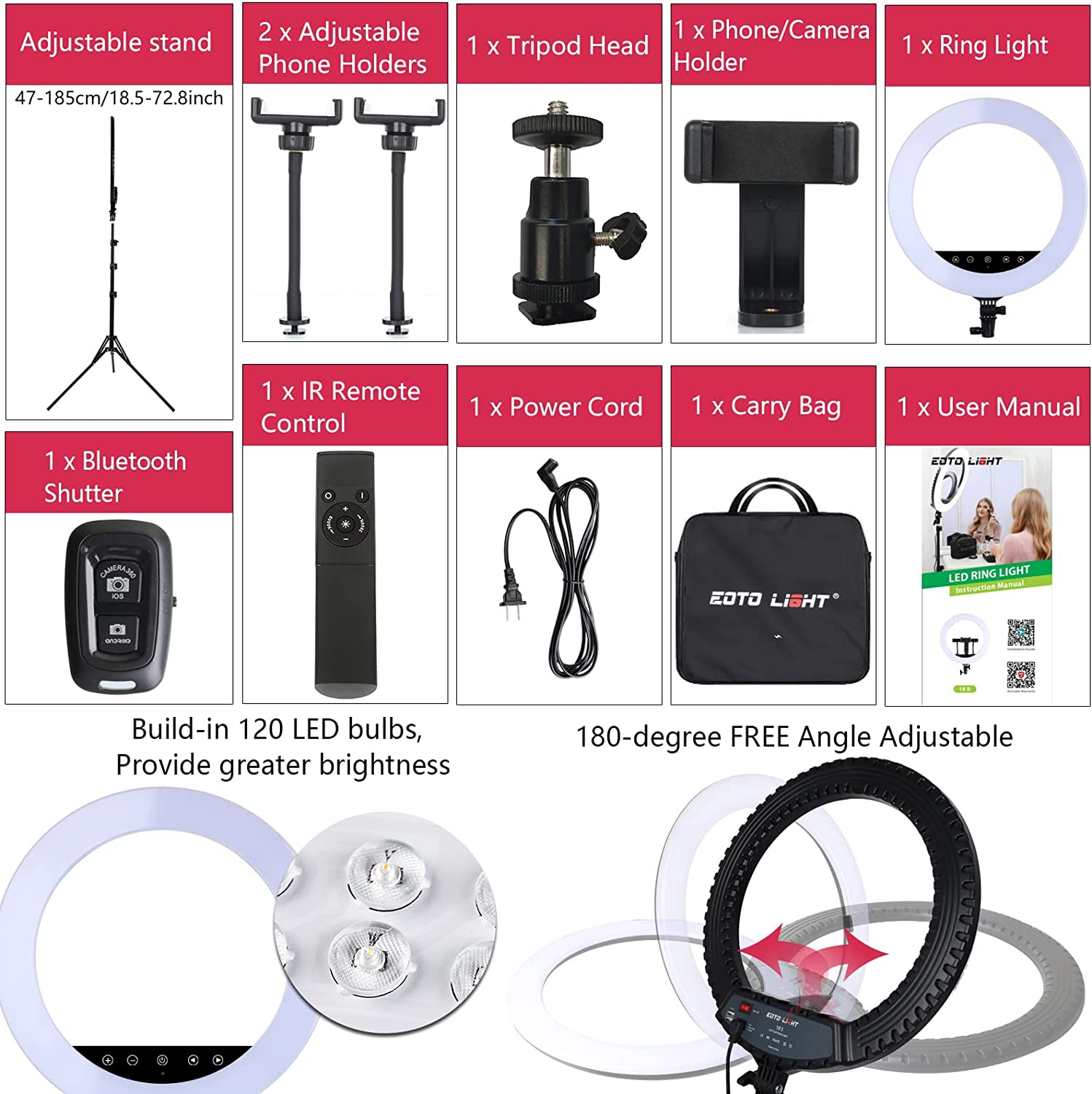 Upgraded 18 Inch LED Ring Light with Tripod Stand, Selfie Ring Light with Touch Panel for Makeup Studio Portrait Youtube Vlog Video Shooting with Carrying Bag and Remote Controller, CRI>90 image number 4