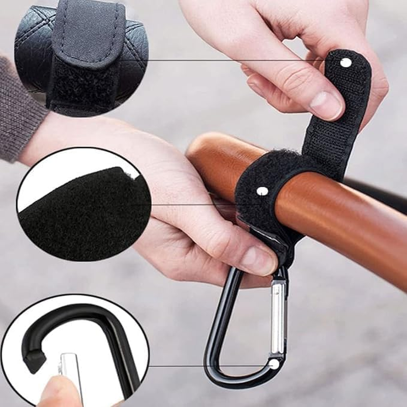 6Pcs Baby Pram Clips Premium Mommy Stroller Accessories with Large Carabiner and Velcro Hook for Diaper Bags and Stroller Organization image number 2
