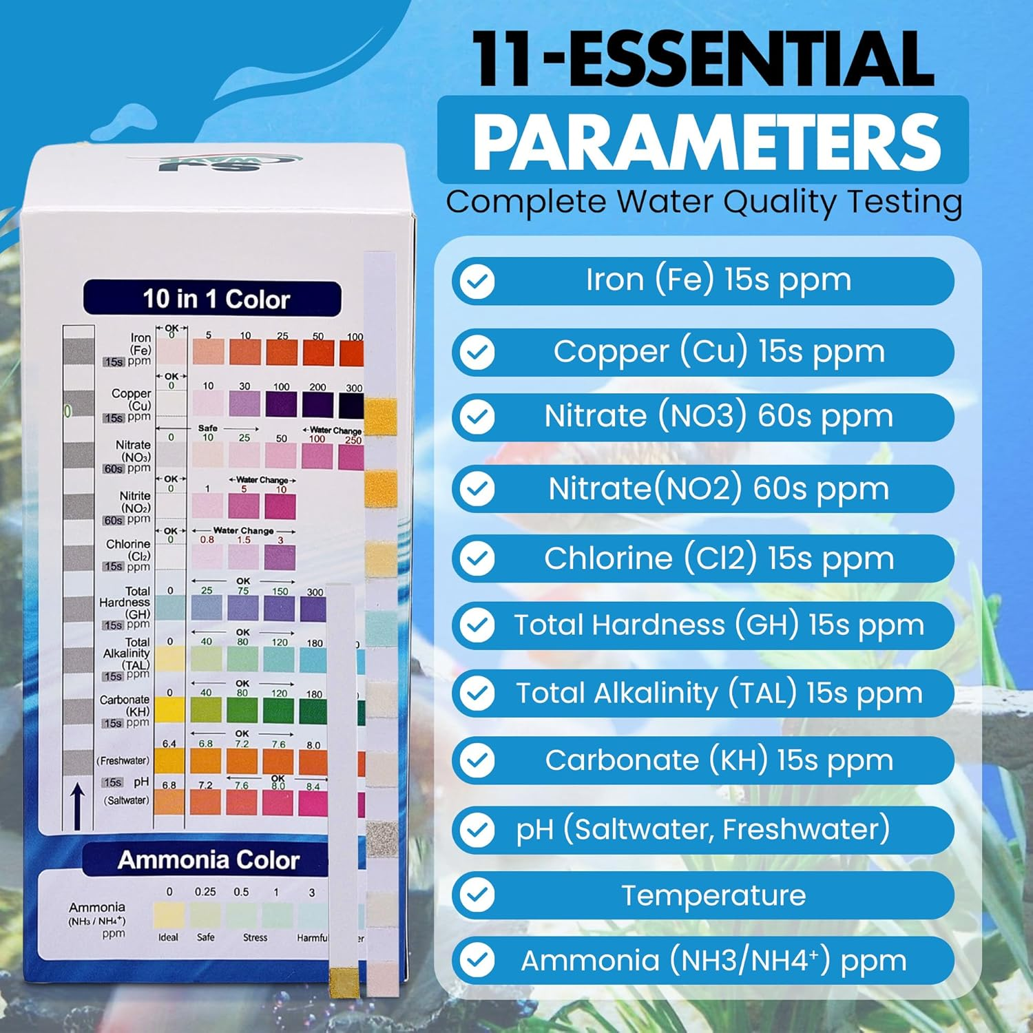 11 in 1 Aquarium Test Strips - Fish Tank Water Testing Kit with Ammonia Test Strips for Fish Tank (150 Strips) & Ebook | Includes 50 Ammonia Strips, Thermometer, & Test Kit for Ponds & All Fish Tanks image number 1