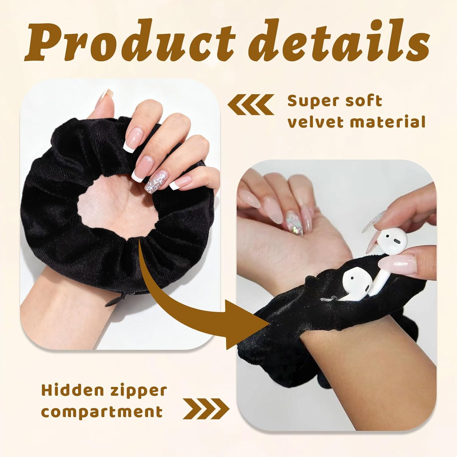 Xanthelle Hair Scrunchie with Zip, Travel Gadget & Holiday Must Have for Women, Velvet Scrunchie with Secret Compartment as Money Hiding Place for Beach & Valuables image number 5