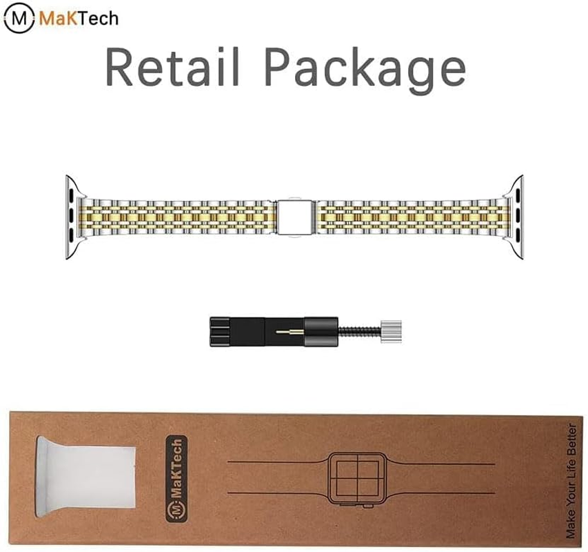Maktech Stainless Steel Wristband,Women Slim Seven-Pieces Links 14Mm Metal Bracelet Band for Apple Watch Series 11/10/9/8/7,SE 3/2/1 [2025] (42Mm/41/40Mm,Silver/Gold) image number 5