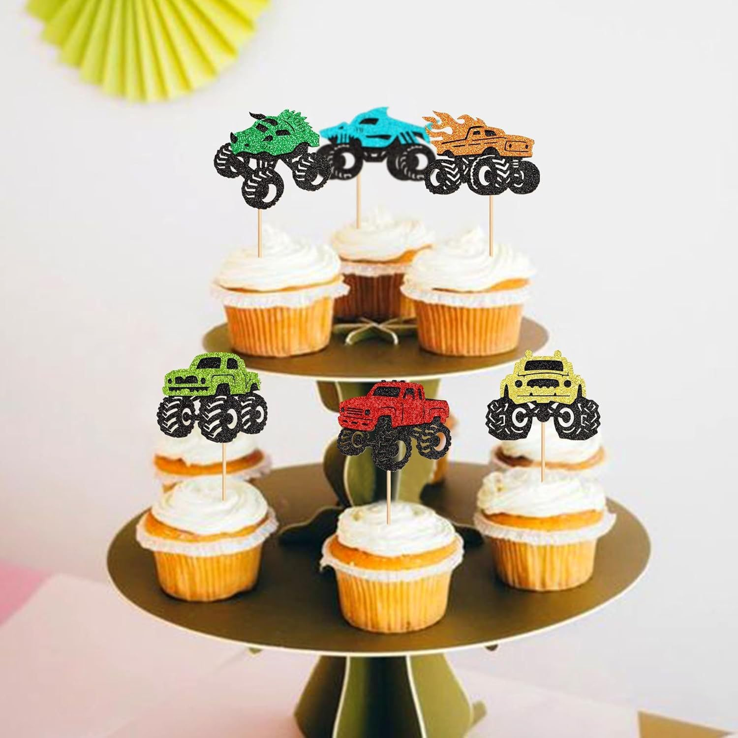 Monster Truck Car Cupcake Toppers, 24Pcs Racing Race Car Cupcake Toppers Fighting Picks for Racing Sports Racecar Theme Birthday Party Cake Supplies Decorations - Pink Dinosaur image number 4
