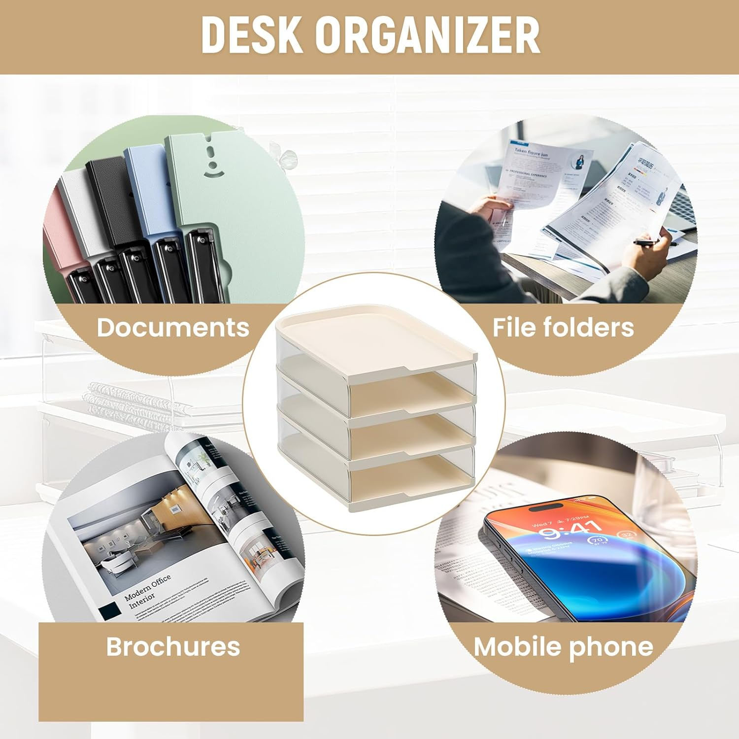Desk Organiser and Storage, 4-Tier Paper Letter Tray Organiser, Stackable Clear Desktop Organiser, Storage Compartments, Stackable Order for Documents, Paper, Book Magazine, Office Supplies image number 6