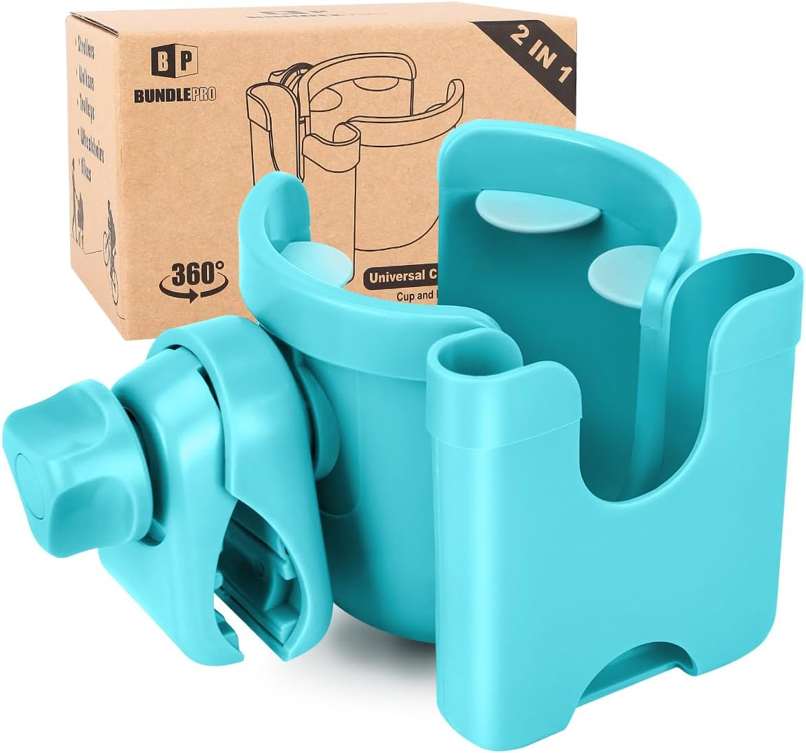 Universal Stroller Cup Holder with Mobile Phone Case, 2-In-1 Strollers Storage Rack, 360 Degrees Rotation Drink Holder for Bike, Pushchair, Wheelchair, Walker,Bicycle, Fits Most Cups