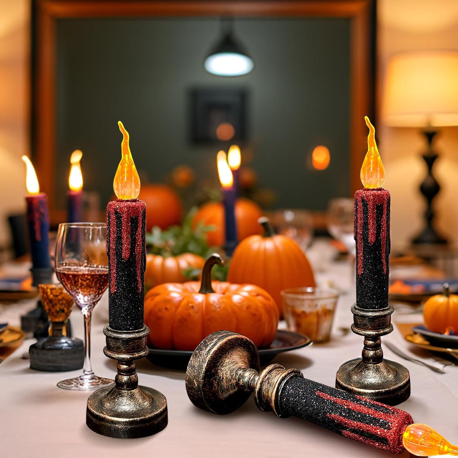 TINYOUTH 2 X 21 Cm Large LED Candles for Halloween, Christmas, Black Glitter Table Candles, Light Batteries Included for Wedding Party, Anniversary, Engagement Decoration image number 2