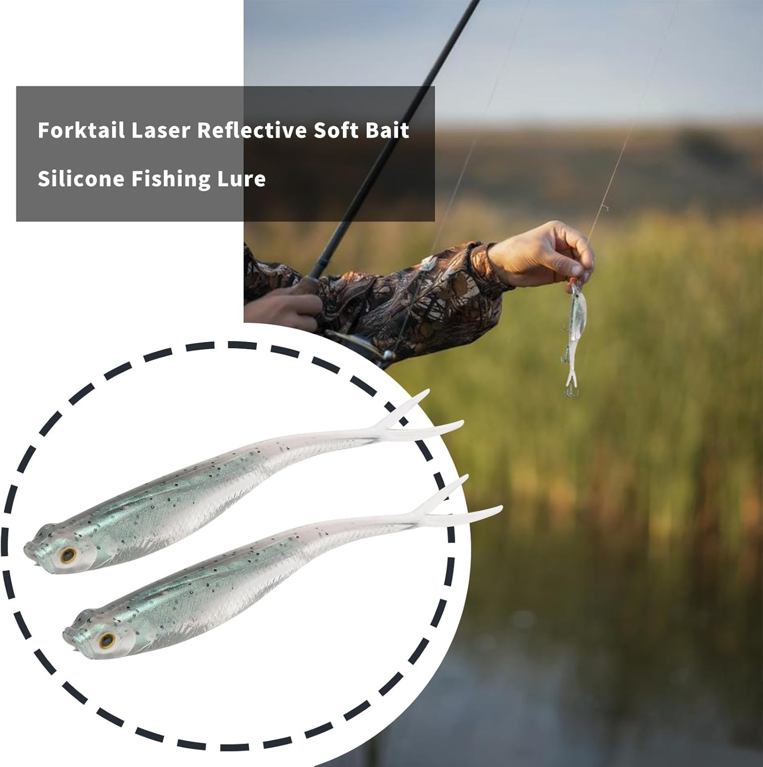 6Pcs 7.5Cm Shadow Silicone Soft Fishing Bait Fork Tail Reflective Fishing Bait for Saltwater and Freshwater Sea Bass and Mandarin Fish Green Silver image number 2