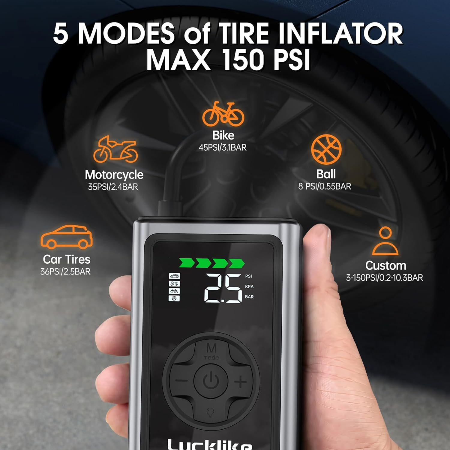 Lucklike Tire Inflator Portable Air Compressor,150Psi Cordless Portable Air Pump for Car Tire, Electric Bike Tire Pump with Digital Pressure Gauge, LED Light for Car, Bike, Motorcycle, Ball image number 2