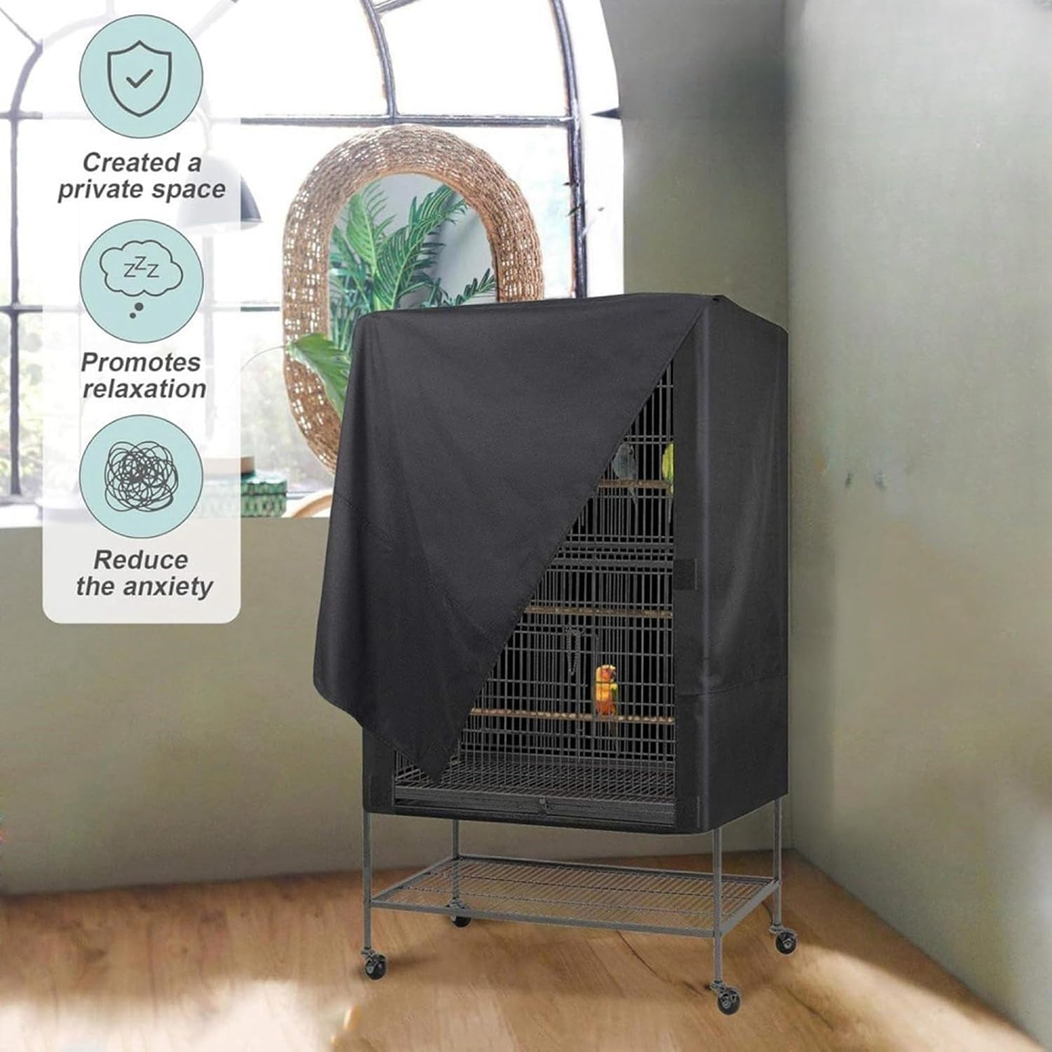 Good Night Bird Cage Cover, Large Parrot Cage Blackout Cover with Hoopss and Loops, Adjustable Sun Protection Breathable Waterproof Oxford Cloth Pet Cages Covers, Washable for Outdoor Indoor image number 2