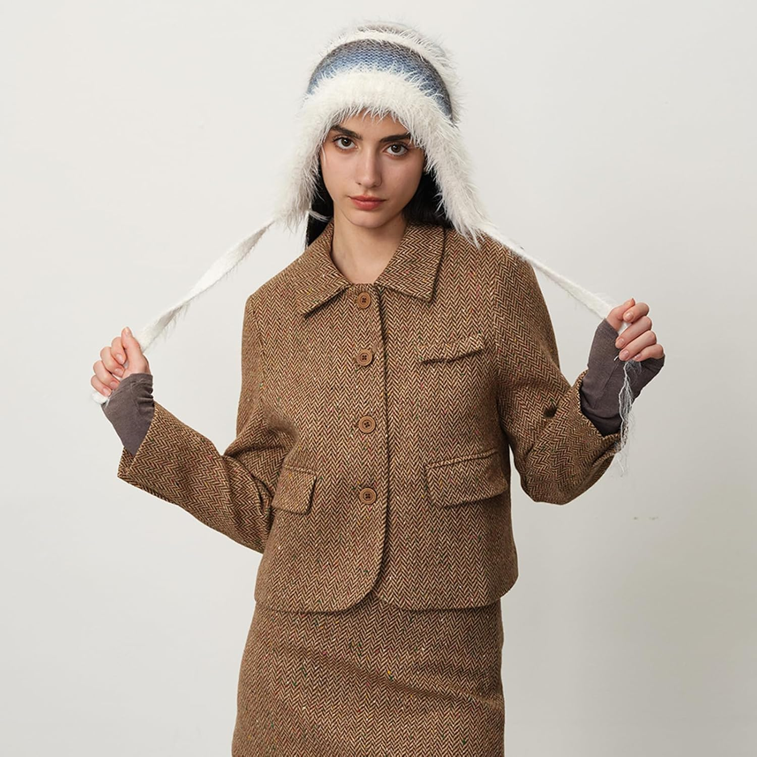 AWOCAN Women Fluffy Faux Fur Hat Winter Knitted Slouchy Beanie Cap Windproof Cover Ears Beanie Hat - Blue image number 4