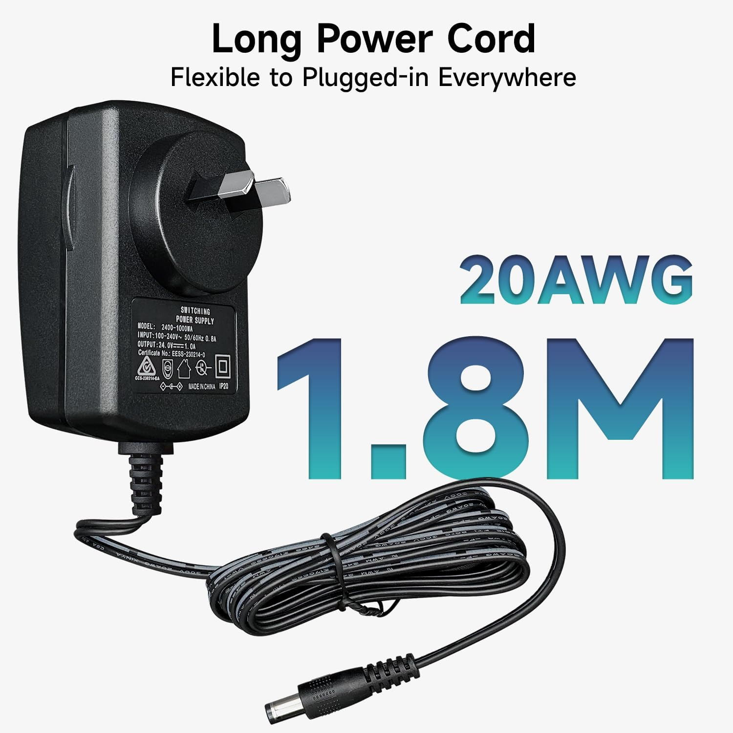 24V 1A 24W 1.8M Long Power Supply Adapter, AC DC Switching Adapter (Input 100-240V, Output 24Volt 1Amp 1000Ma), DC 24V 5.5X2.1Mm Wall Mount Transformer Charger Plug, SAA Certified - 24V1A+8Tips image number 5