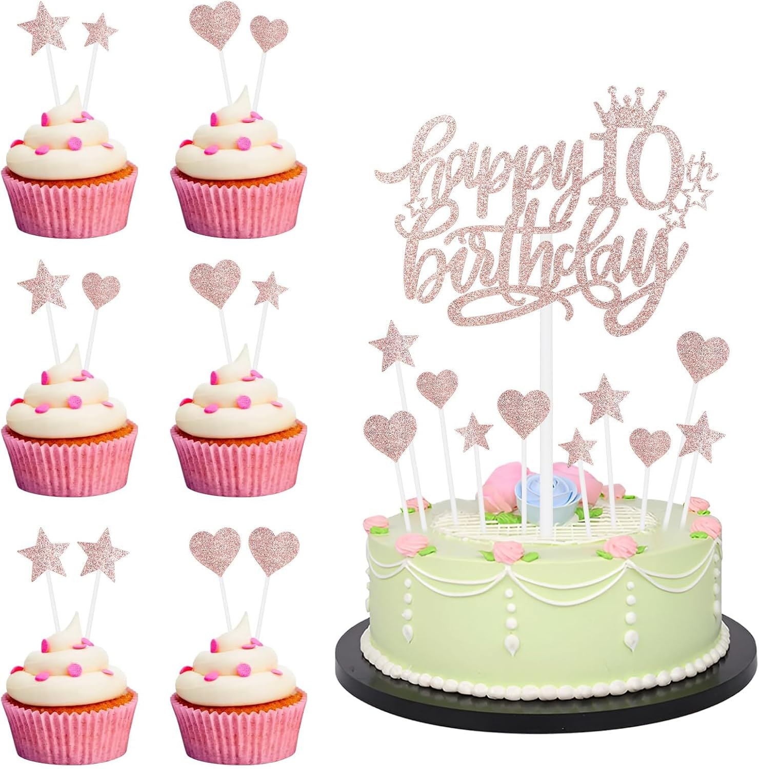 Birthday Decorations - Happy 50Th Birthday Cake Toppers Set (Rose Gold Glitter Heart & Stars) Birthday Gifts for Women Cake Decor for Women&rsquo;S 50Th Birthday Party image number 1