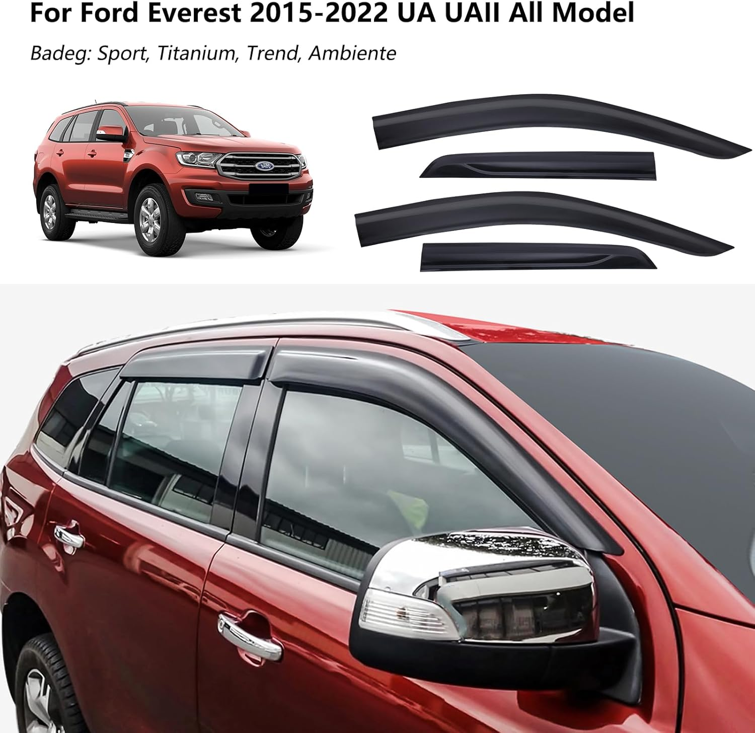 SUERAUTO4X4 Weathershields Window Visors for Ford Everest 2015-2022 UA UAII, Weather Shields Sun Rain Guards Wind Deflector Visors Car Accessories, Injection Black 4PCS image number 5