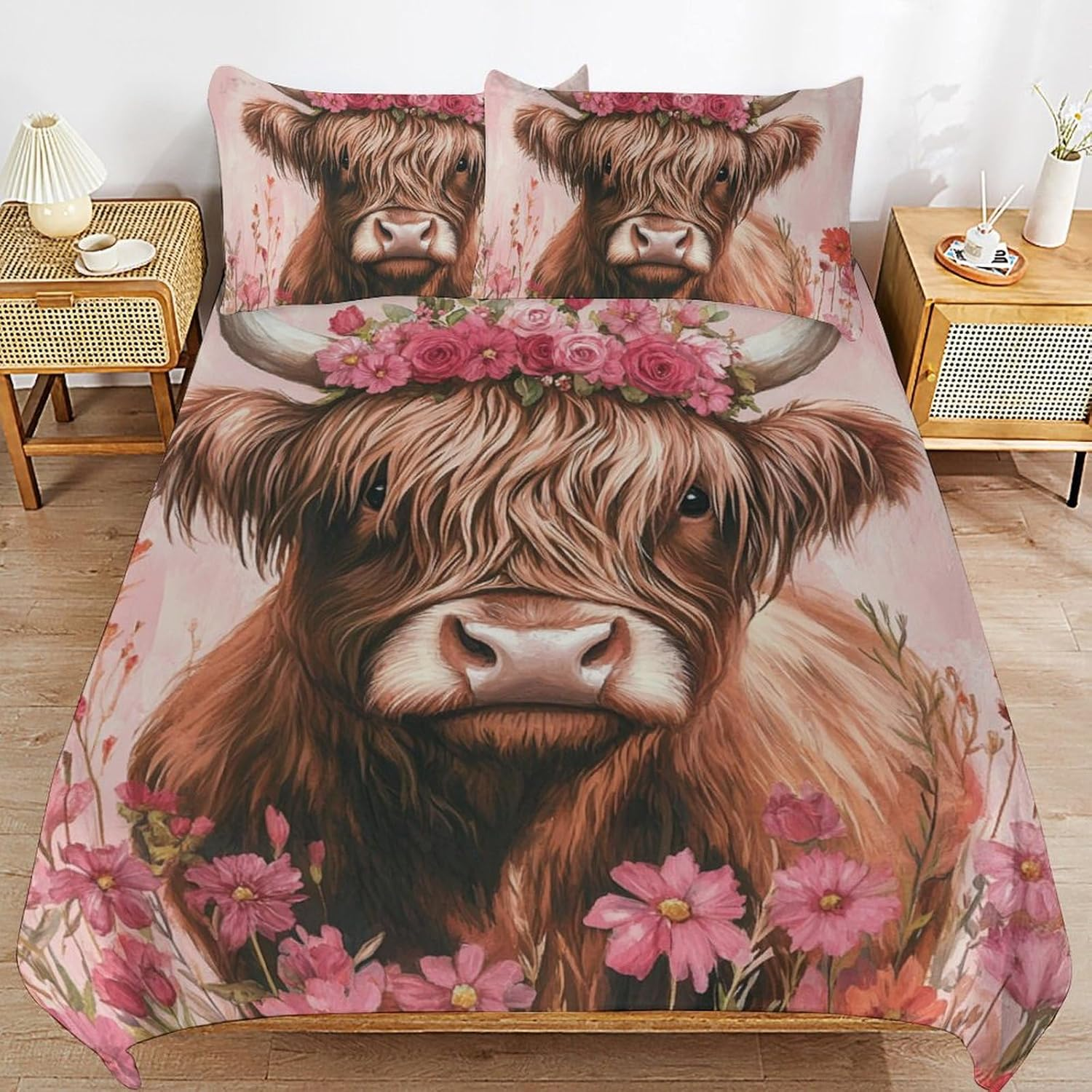 Highland Cow Duvet Cover Sets Bedding Set Cartoon Animal Comforter Cover with Hidden Zipper 3 Pieces Soft Microfiber Quilt Cover with Pillowcase,Queen（210X210Cm） image number 1