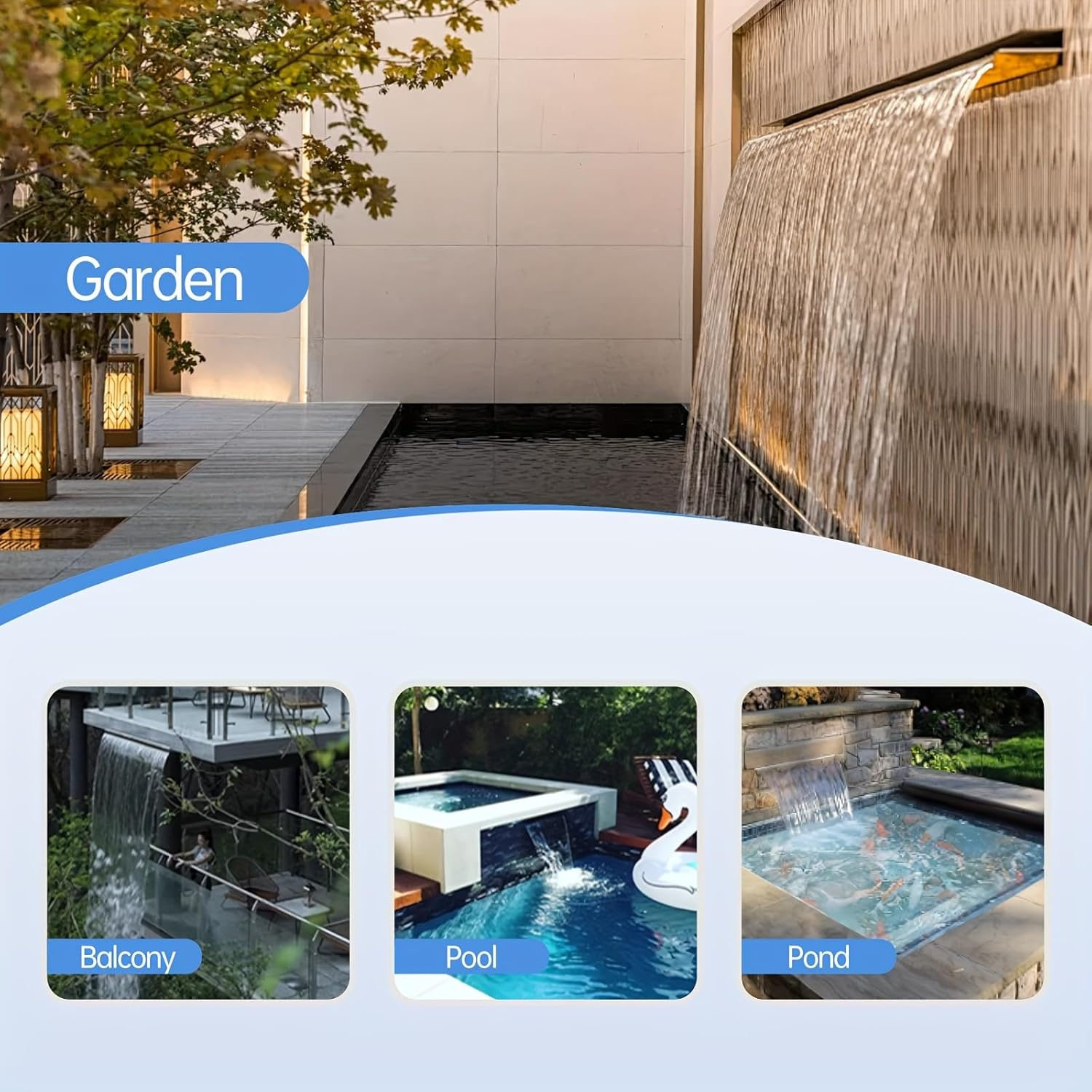 Pool Waterfall Spillway for Garden Ponds, Stainless Steel Water Flow Decor Pond Fountain Kit for Indoor/Outdoor Decorative, 30X20X10Cm Black Water Feature for Patio, Backyard (No LED Light) image number 4