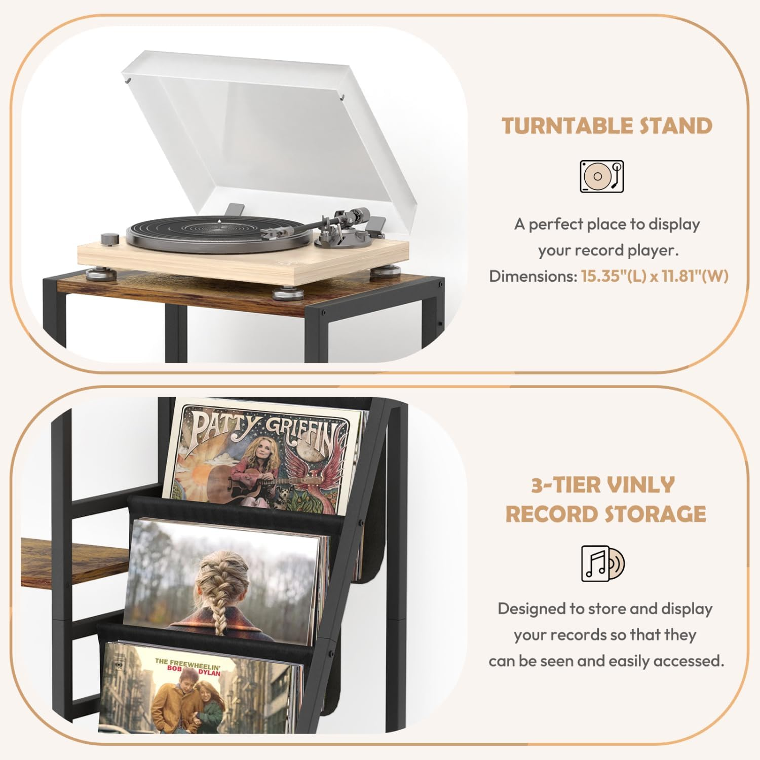 Vinyl Record Storage, Record Player Stand, Guitar Stand for Acoustic, Electric Guitar, Acoustic, Bass with Guitar Amp Stand, 3-Tier Vinyl Record Storage, Record Player Table for Record Player, Speaker, Amplifier - Brown  Black image number 2