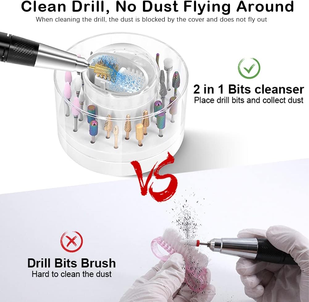 Nail Drill Bits Holder with Nail Drill Bit Cleaning Brush (Steel Wire Brush and Nylon Brush), 30 Holes Dustproof Nail Drill Bits Organizer Nail Art Cleaner Case Manicure (White) image number 6