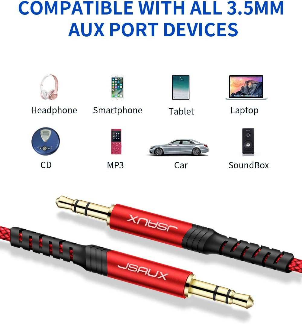 JSAUX AUX Cable, [1.2M/2Pack- Copper Shell, Hi-Fi Sound] 3.5Mm Auxiliary Audio Cable Nylon Braided Aux Cord Compatible with Car/Home Stereos,Speaker,Headphones,Sony,Echo Dot,Beats - Red image number 1