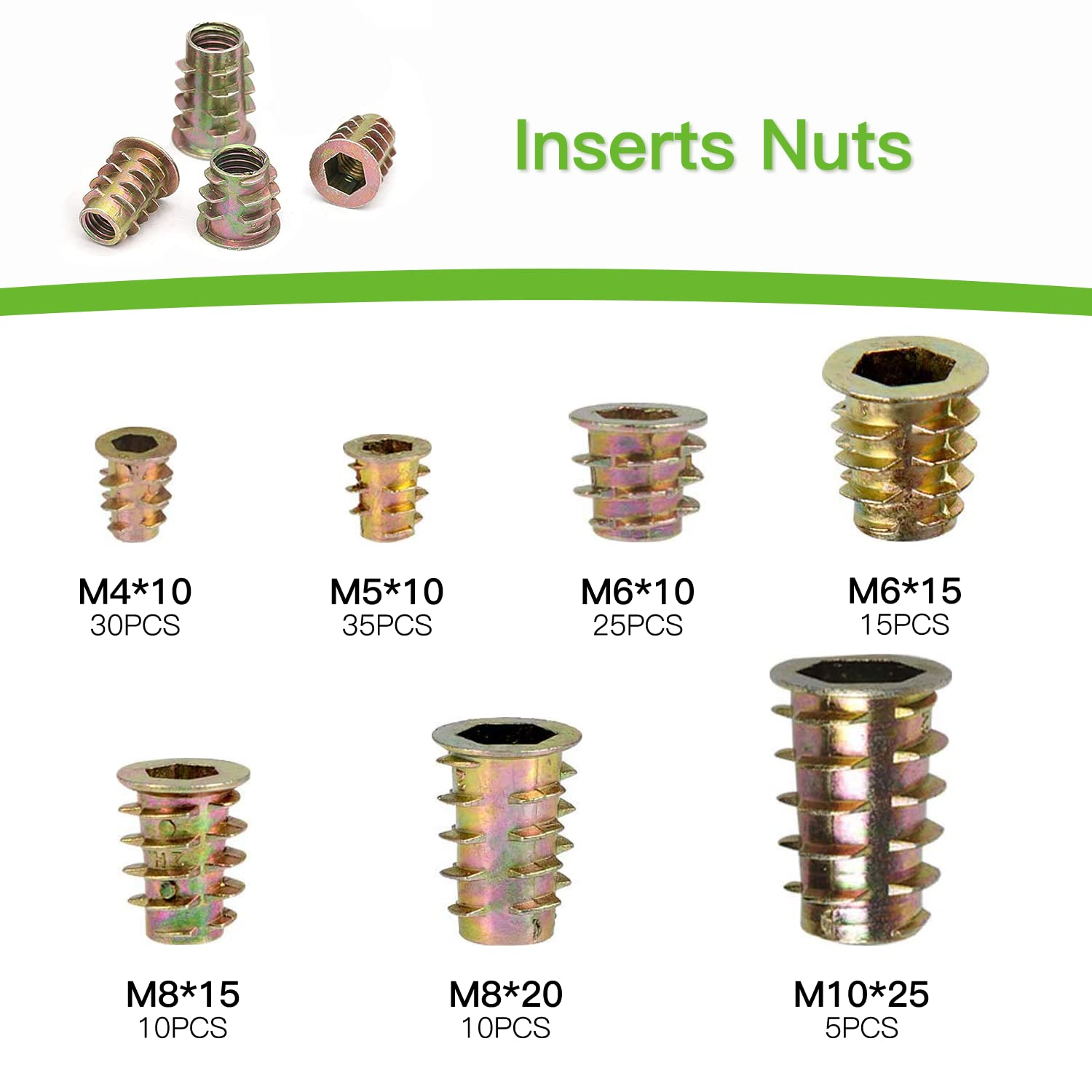 Vlookee 130PCS Metric Threaded Inserts Nuts Assortment Tool Kit,Hex Head Barbed Trapezoidal Nuts,M4 M5 M6 M8 M10 Metric Insert Nuts,Zinc Alloy T-Shaped Nut for Mechanical DIY Furniture image number 4