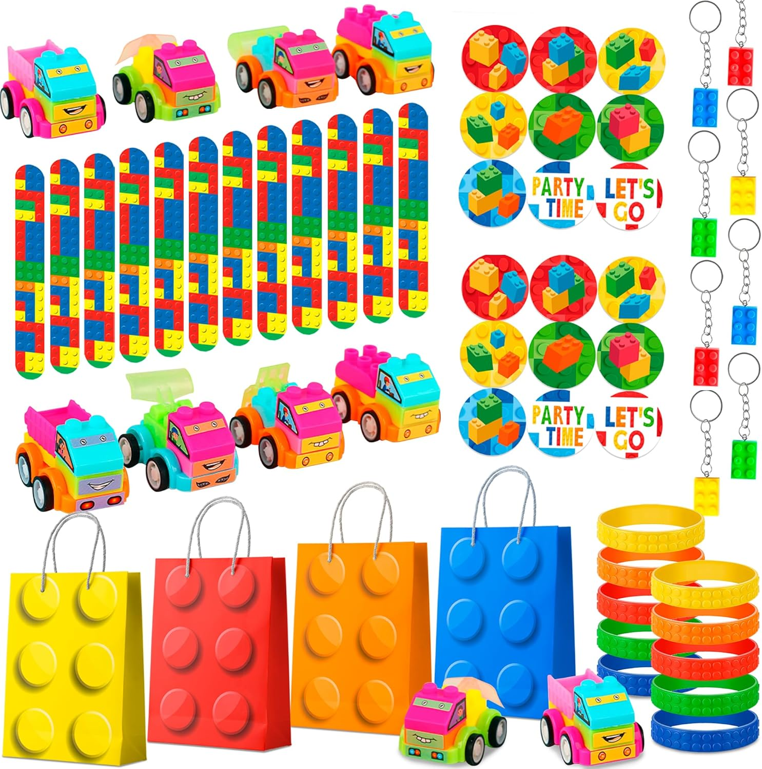 Building Block Party Favors, 62 Pcs Set - Bags, Keychains, Slap Bracelets & More image number 3