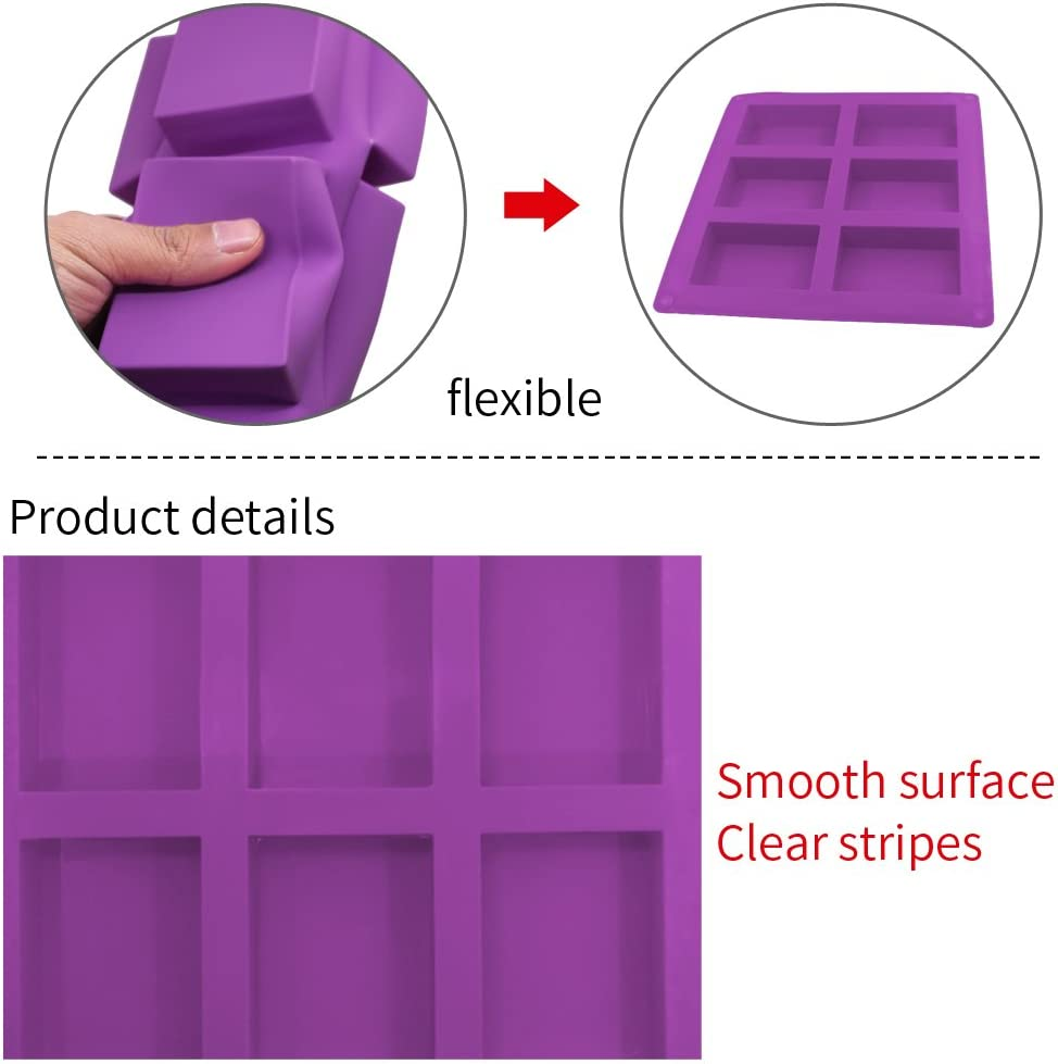3 Pieces Rectangle Silicone Soap Molds, SENHAI 6-Cavity Cake Loaf Bread Baking Pans, Chocolate Cheesecake Cornbread Handmade Trays - Pink, Blue, Purple image number 4