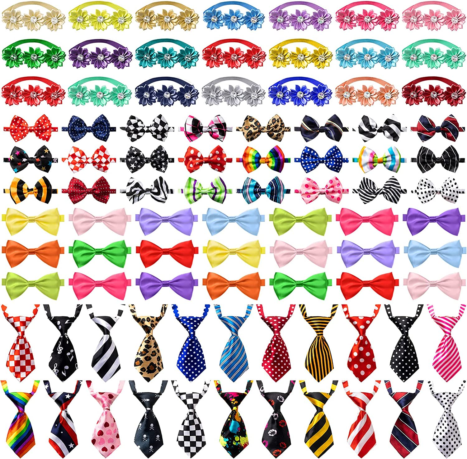 Chumia 100 Pcs Adjustable Dog Ties Set Includes 50 Bow Ties 25 Neckties 25 Flower Neck Tie Assorted Bowtie Collar Grooming Accessories for Medium Large Dog Cat Birthday Festival Holiday Party image number 2