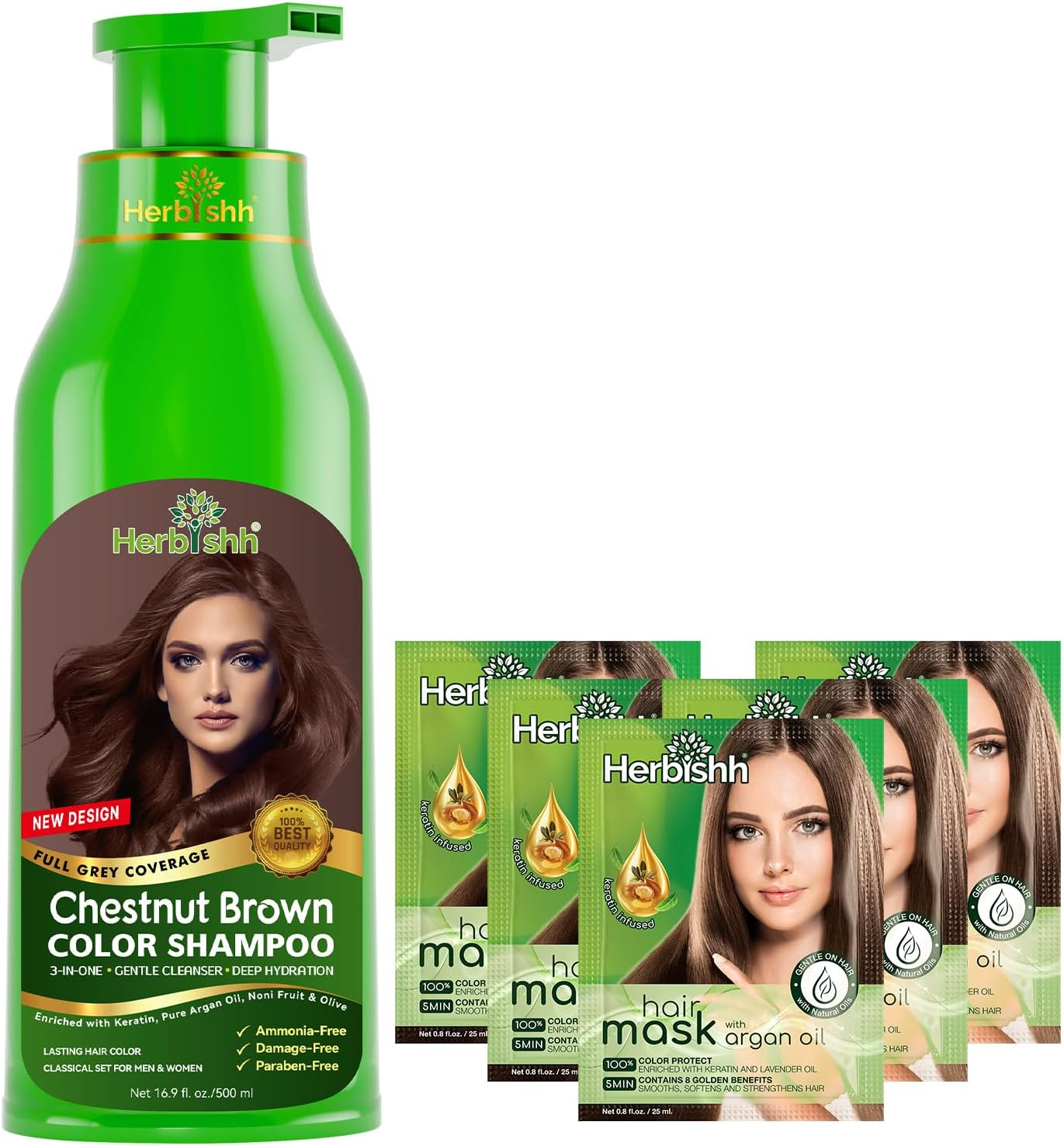Herbishh Combo Chestnut Brown Hair Color Shampoo 500Ml + Hmask Pack of 5 + Chestnut Brown Travel Pouch &ndash; 3-In-1 Ammonia-Free Hair Dye, Cleanser & Conditioner &ndash; Long Lasting 3&ndash;4 Weeks &ndash; for Women & Men image number 2