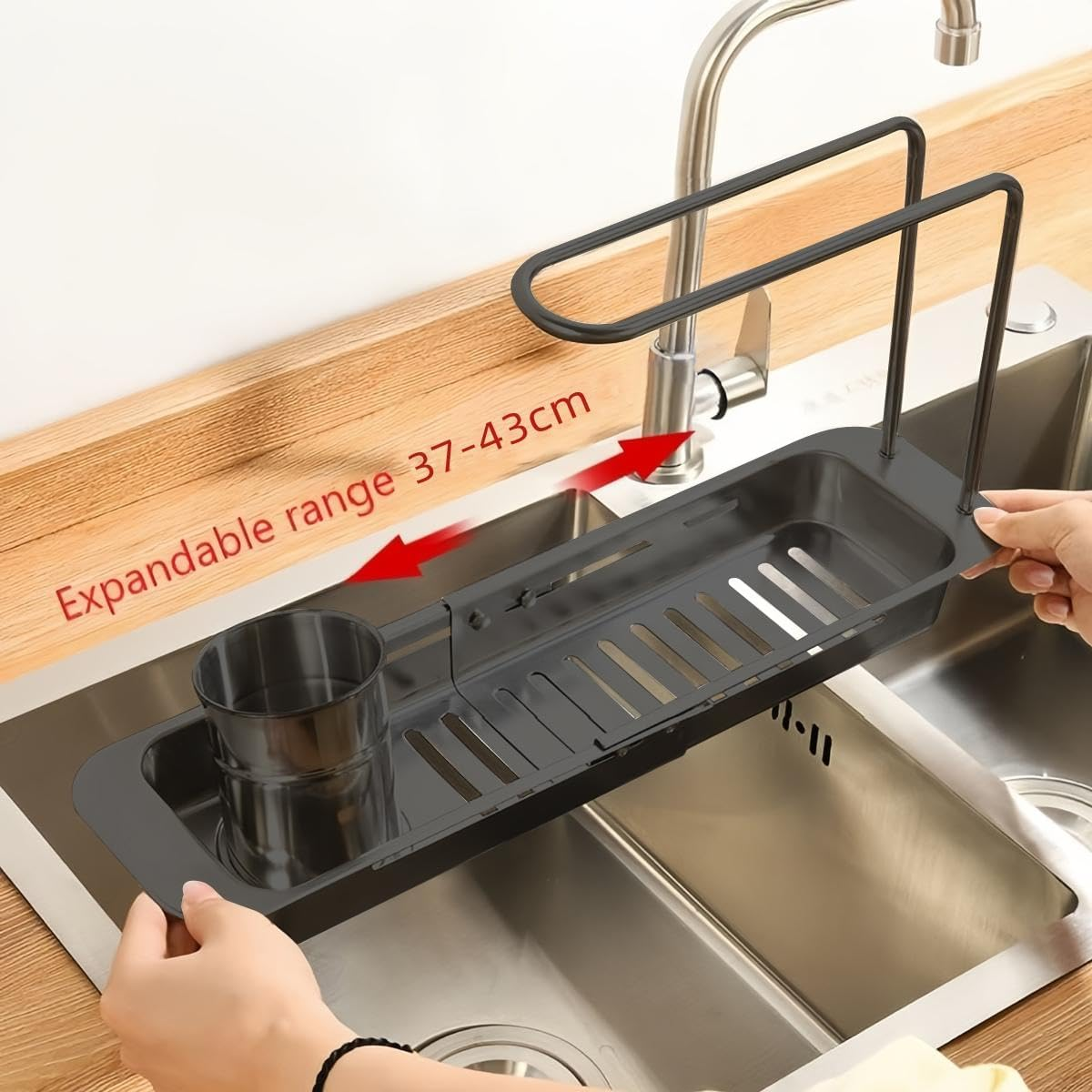 Expandable Sink Storage Rack, Adjustable Drain Basket, over Sink Caddy Organiser, Stainless Steel, Rust Proof Water Proof image number 3