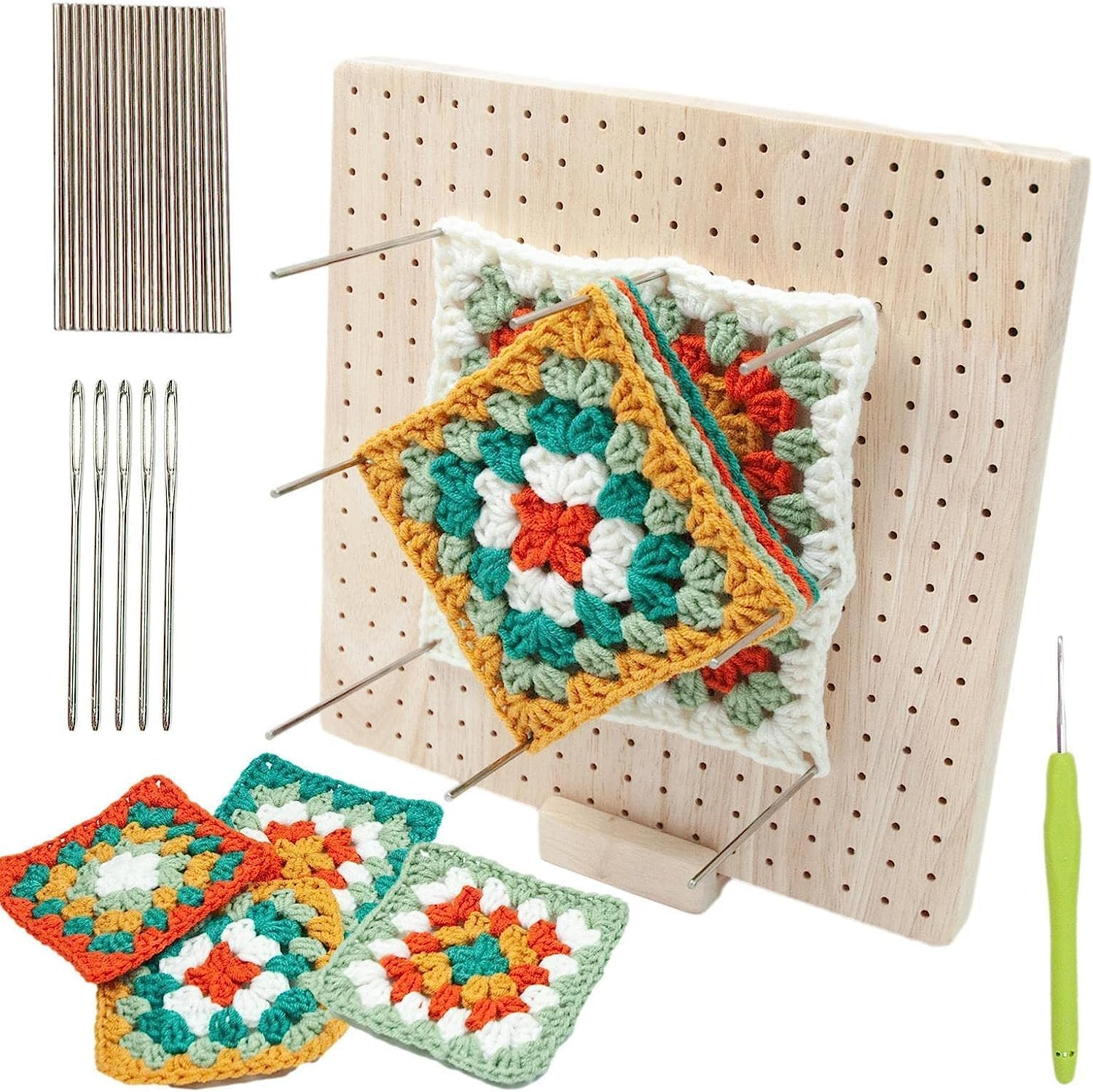 Wooden Crochet Blocking Board, Granny Square Blocking Board with 20 Pins and 5 Large Eye Needle, Blocking Mats for Knitting, Crochet Holder Accessorie image number 4